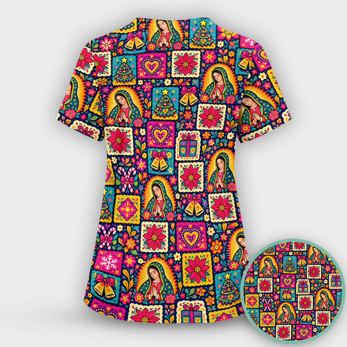 Our Lady of Guadalupe Christmas Folk Art Pattern Scrub Top, Comfortable Scrubs for Nurses