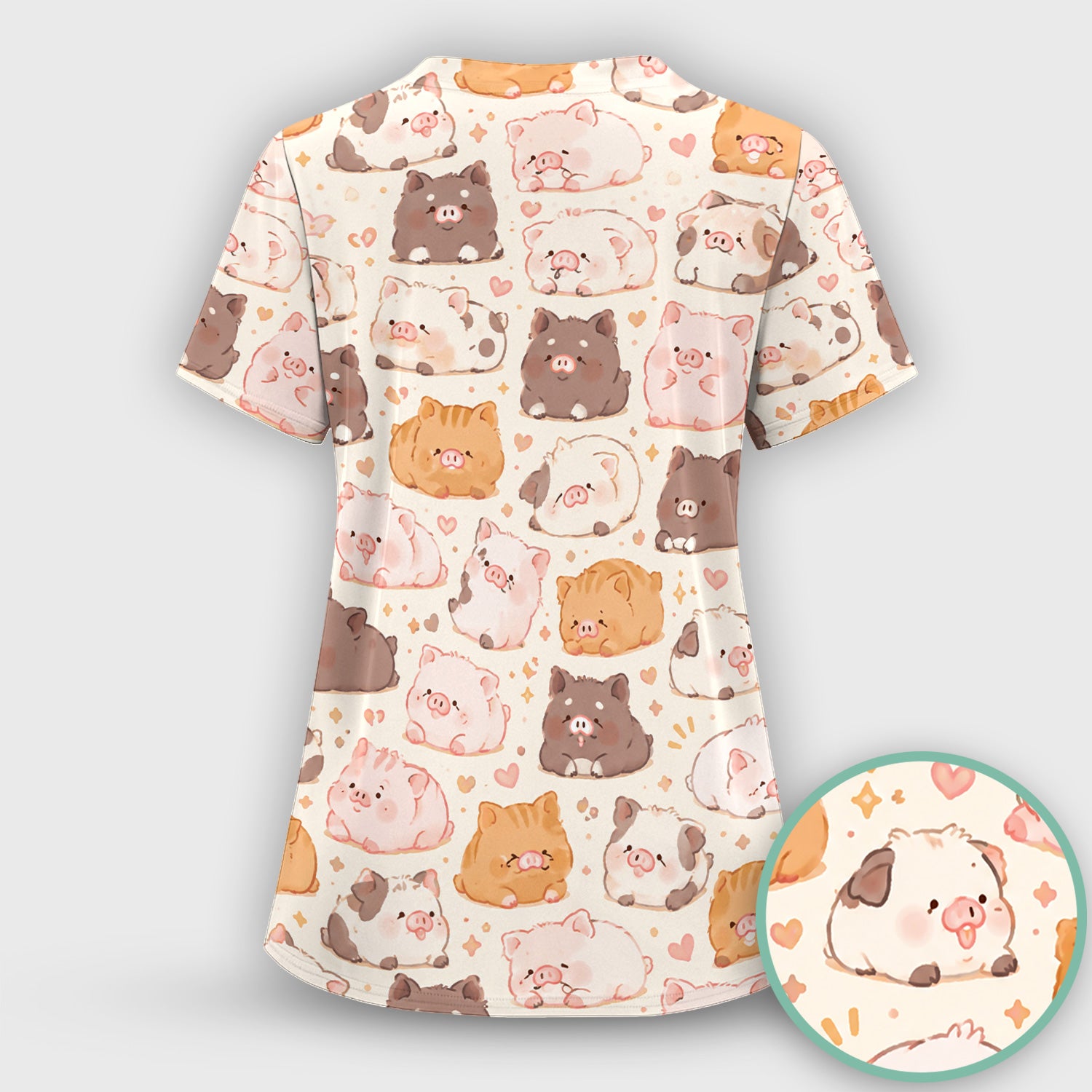 Cute Chubby Pig Nurse Print Scrub Set, Scrub Pants and V Neck Top