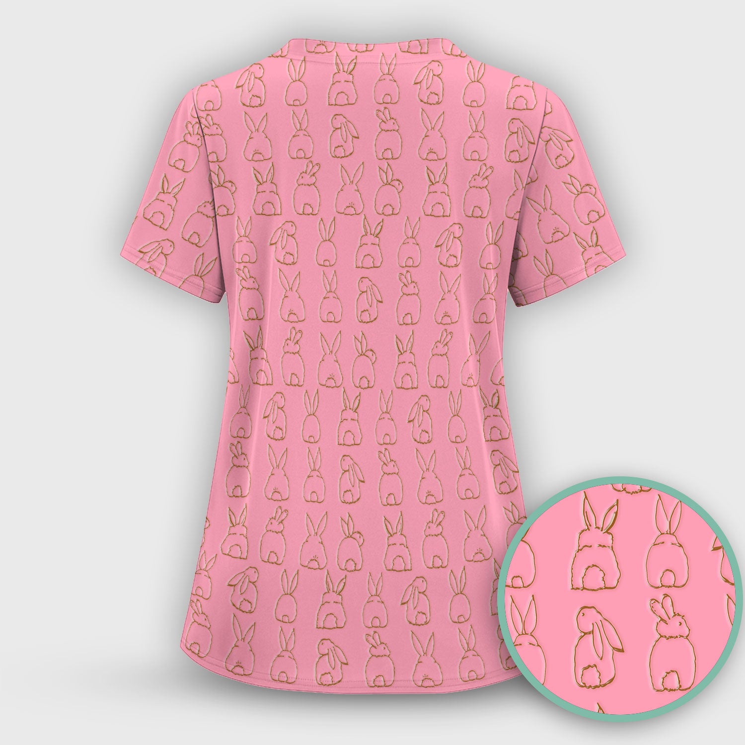 Cartoon Bunny Line Art Pattern Medical Scrub Top, Comfortable Scrubs for Nurses, Easter