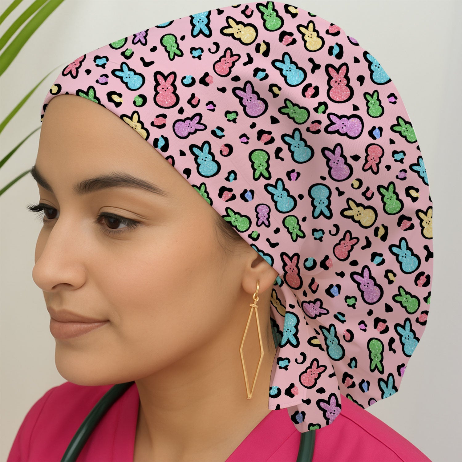 Cute Easter Bunny Pastel Pattern Print Cap, Bouffant Scrub Caps for Women
