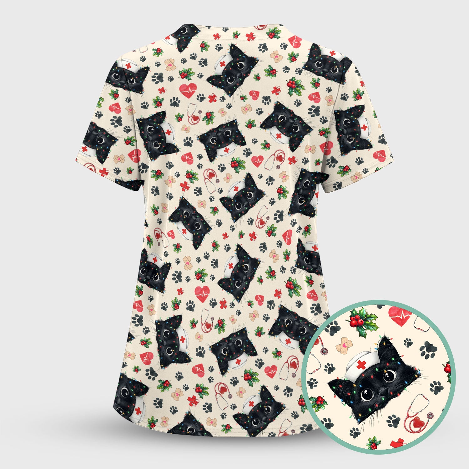 Black Cat Scrub Top for Nurse - Cute Kittens Christmas Medical Uniform - Funny Holiday Gift for Women