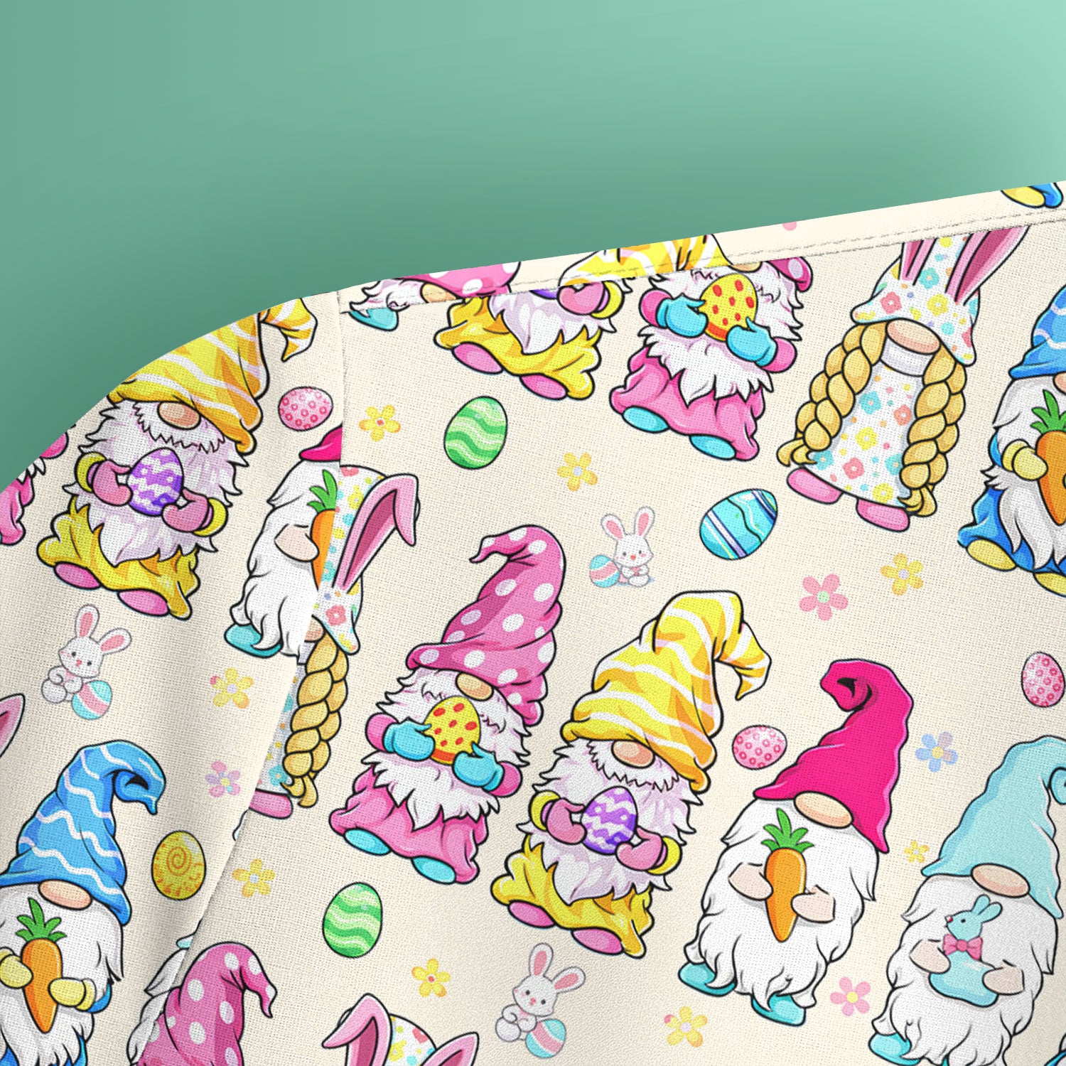 Colorful Easter Gnome Bunny Eggs Print Scrub Top, Comfortable Scrubs for Nurses