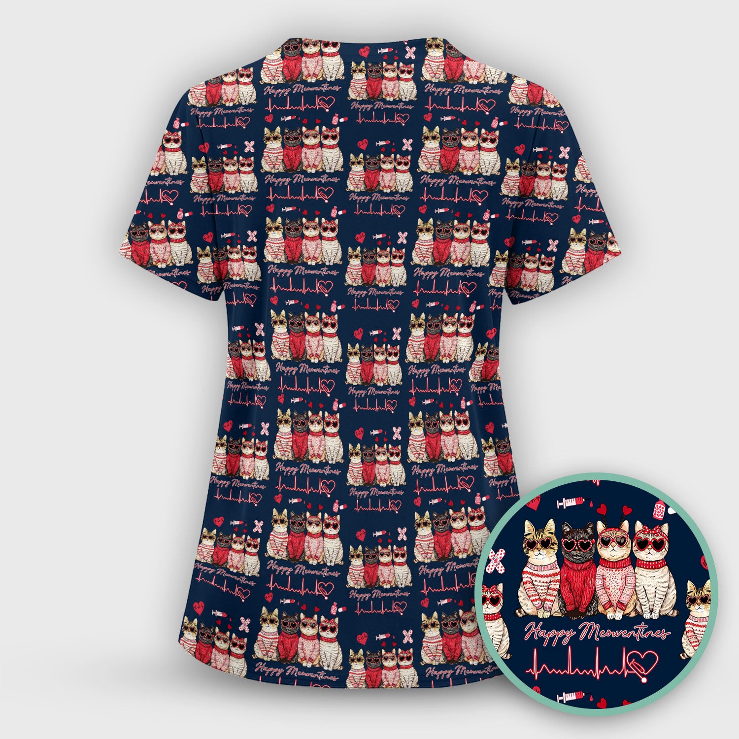 Happy Meowtines Cat Pattern Scrub Top, Valentine Cat Lover Nurse Scrub Shirt, Heartbeat Medical Pattern Nursing Uniform