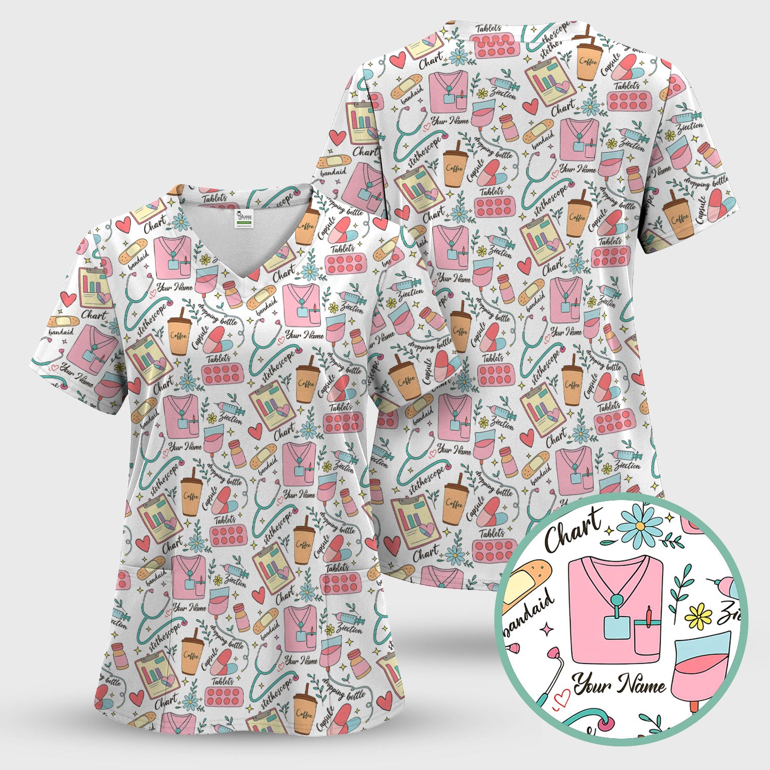 Cute Nurse Scrub - Colorful Medical Uniform Shirt with Coffee, Stethoscope & Pills - Fun RN LPN CNA Nursing Gift for Women