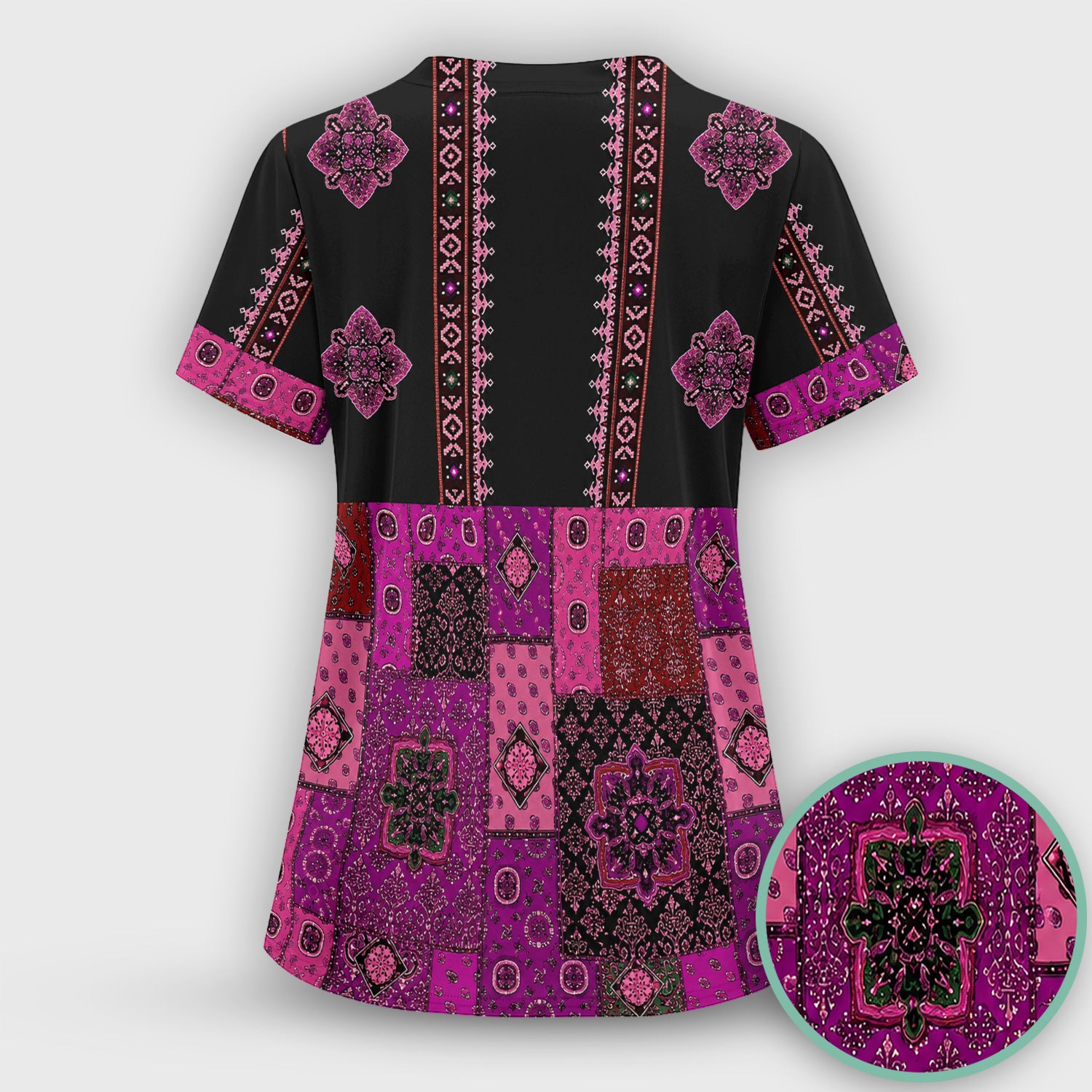Boho Pink Bandana Patchwork Pattern Scrub Top, Comfortable Scrubs for Nurses
