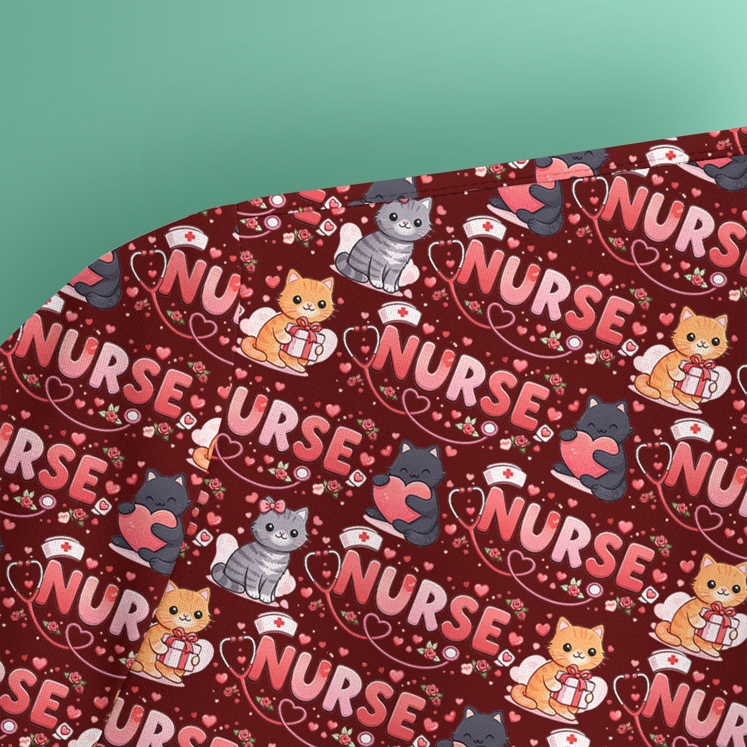 Nurse Cat Heart Pattern Valentine Scrub Top, Comfortable Scrubs for Nurses