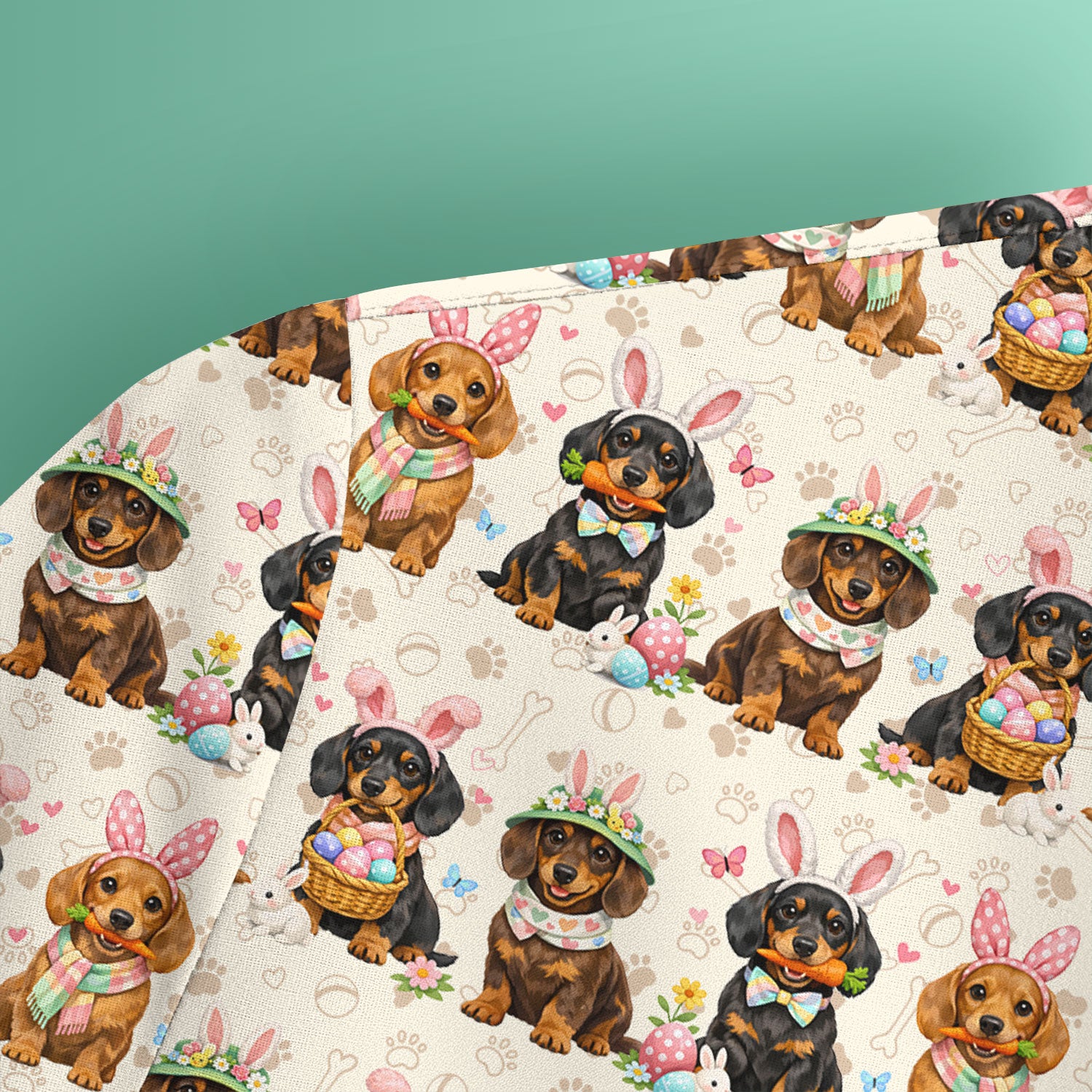 Cute Easter Dachshund Dog Bunny Print Scrub Top, Breathable Fabrics Nursing Uniform