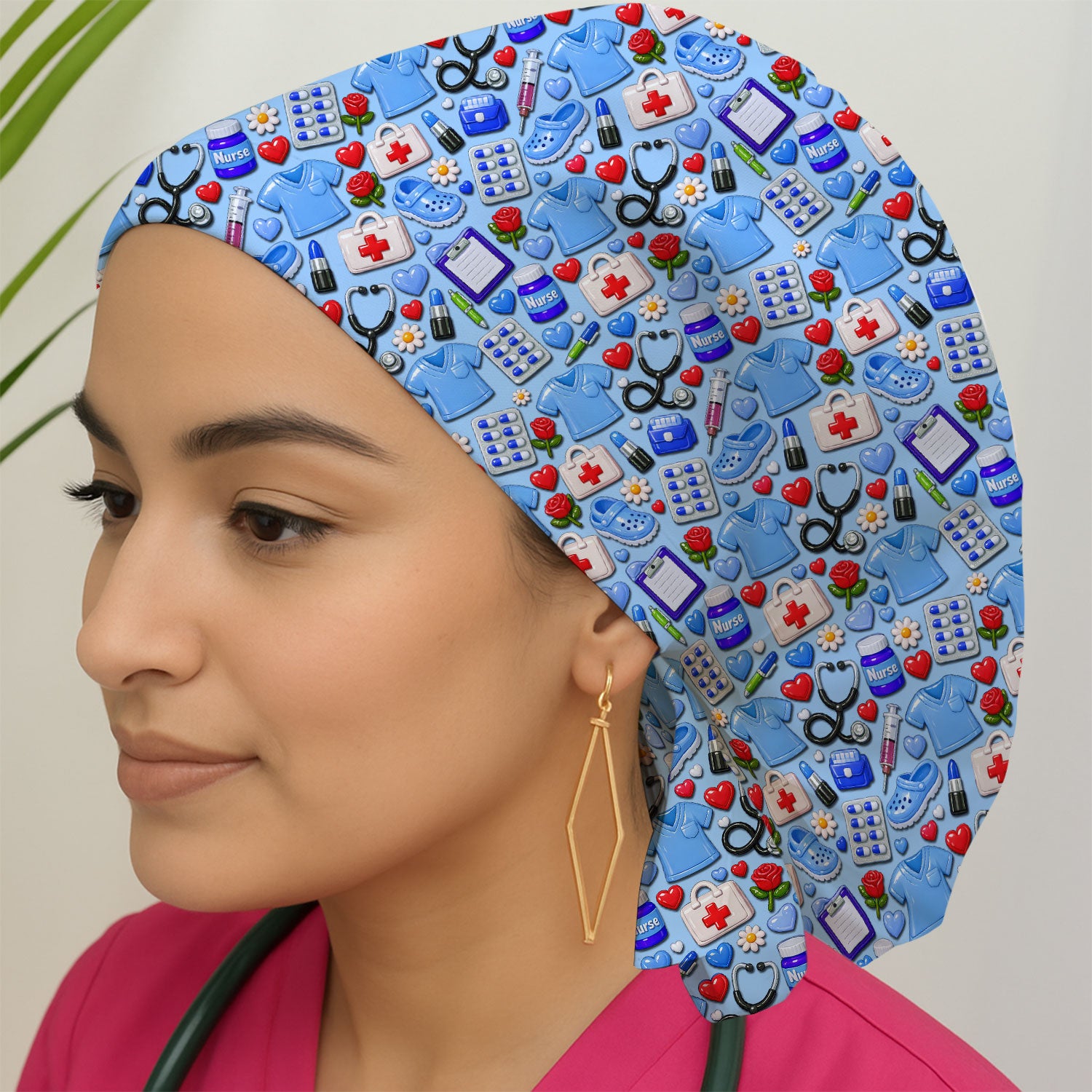 Medical Icons Scrub Cap, Cute Pattern Nurse Hat, Breathable Fabrics Nursing Uniform