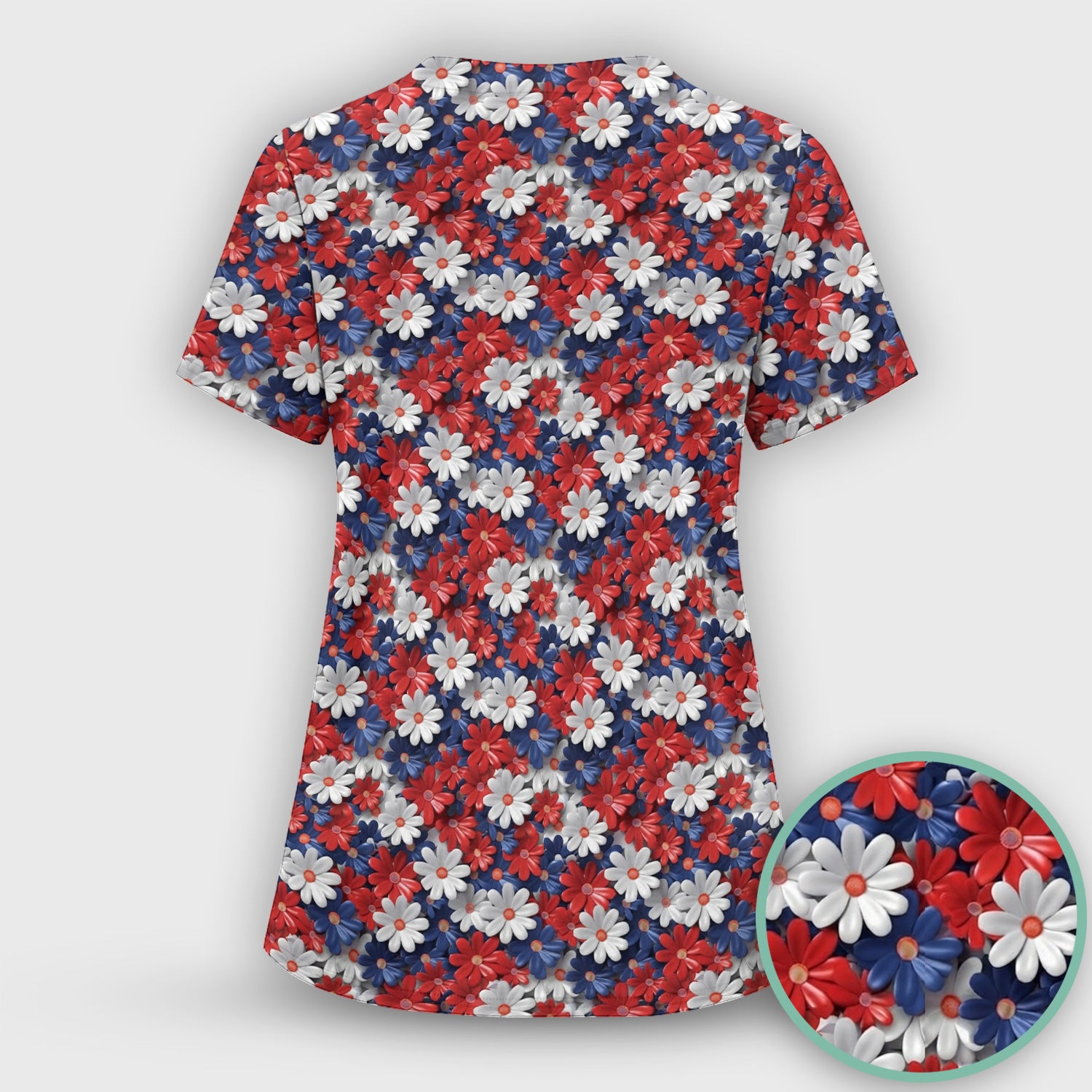 Festive Patriotic Daisy Bloom Pattern Scrub Set, Scrub Pants and V Neck Top