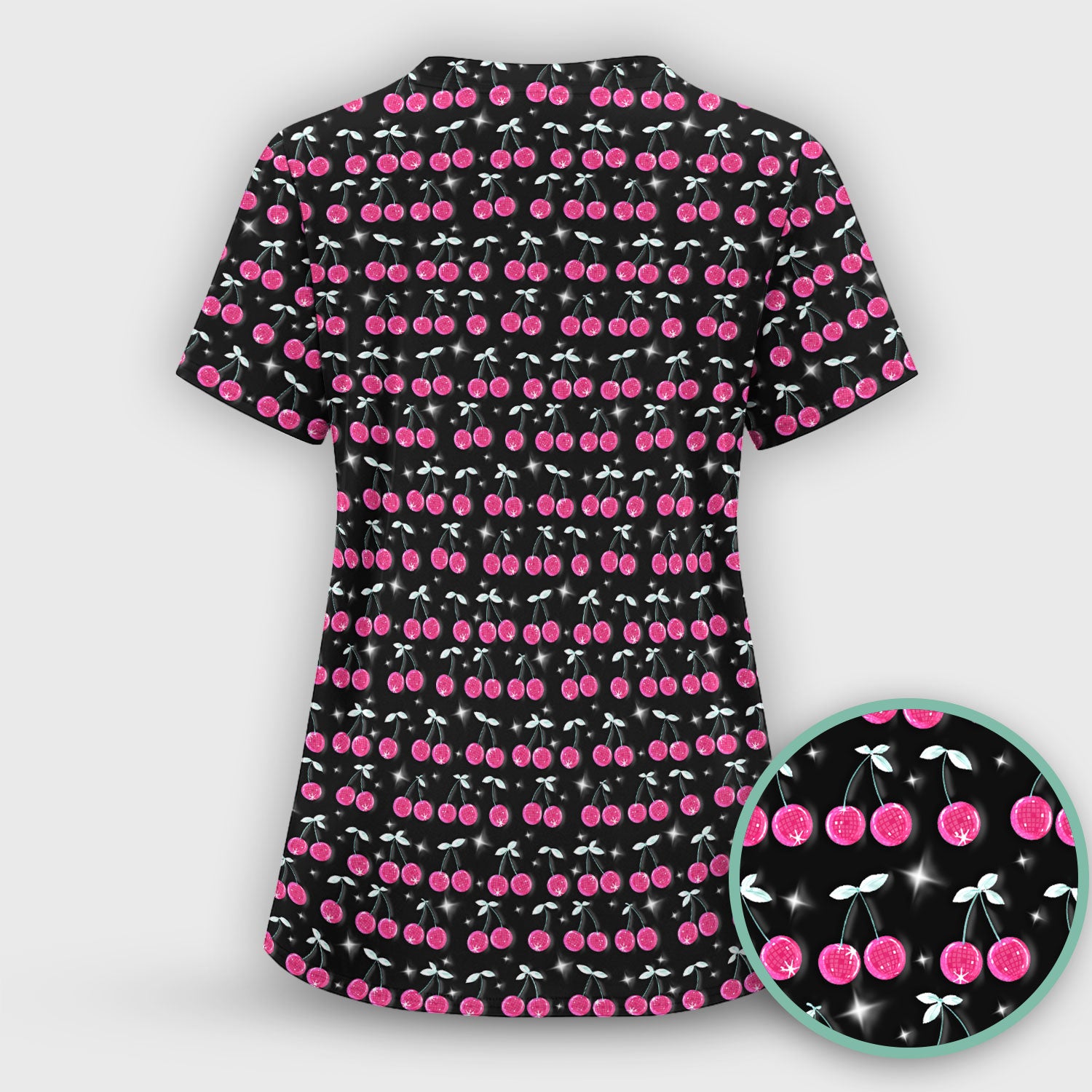 Pink Cherry Sparkle Print Scrub Top, Comfortable Scrubs for Nurses