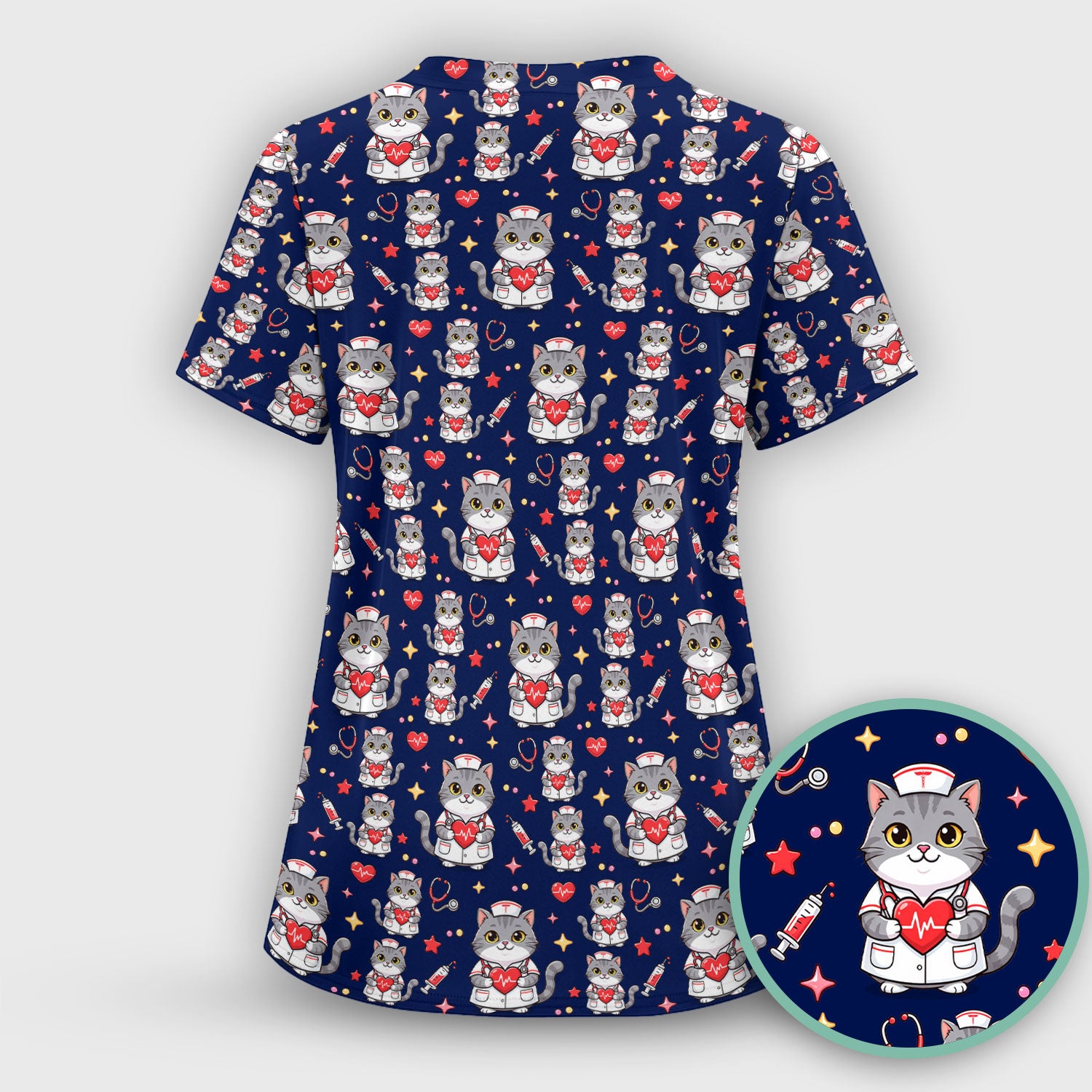 Cute Nurse Cat Heart Medical Print Scrub Top, Comfortable Scrubs for Nurses