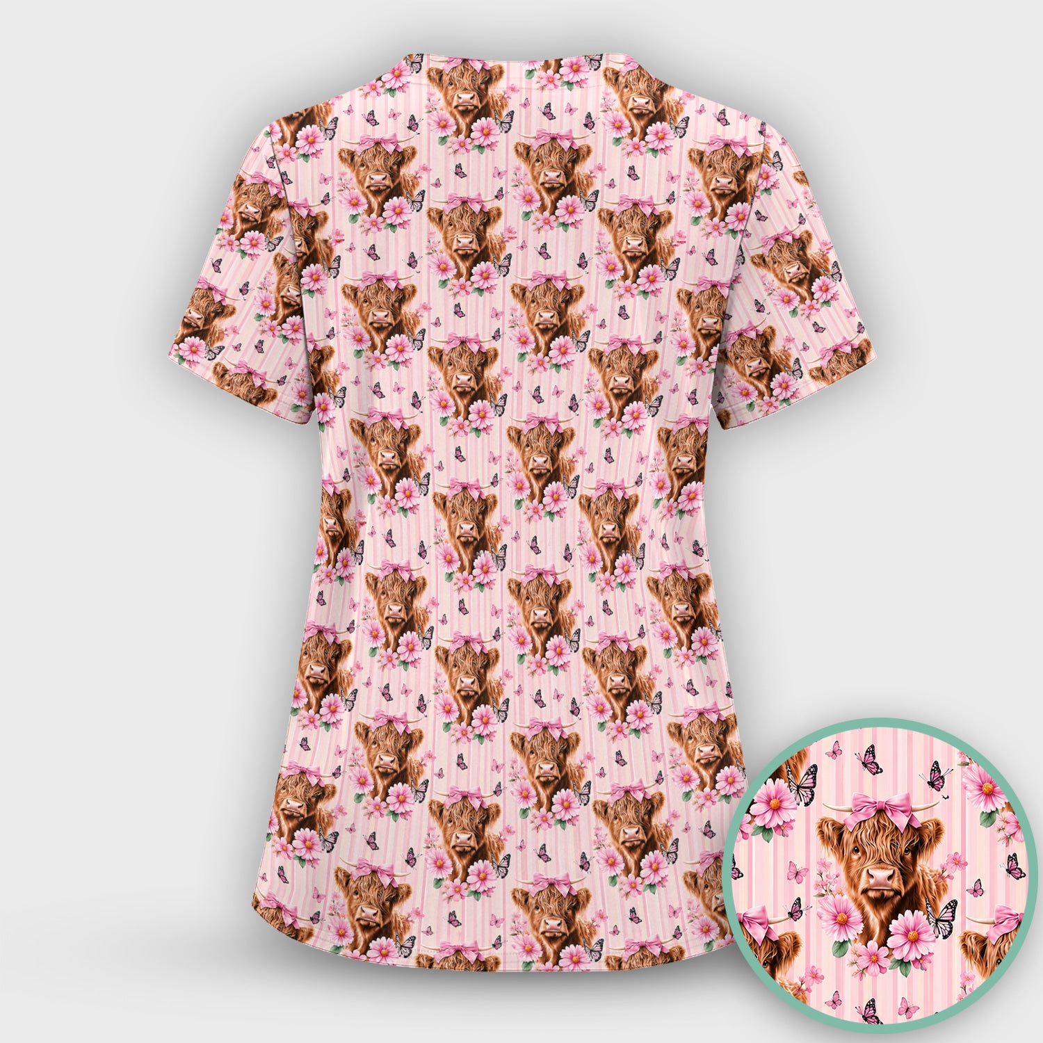 Pink Highland Cow Floral Scrub Top, Comfortable Scrubs for Nurses