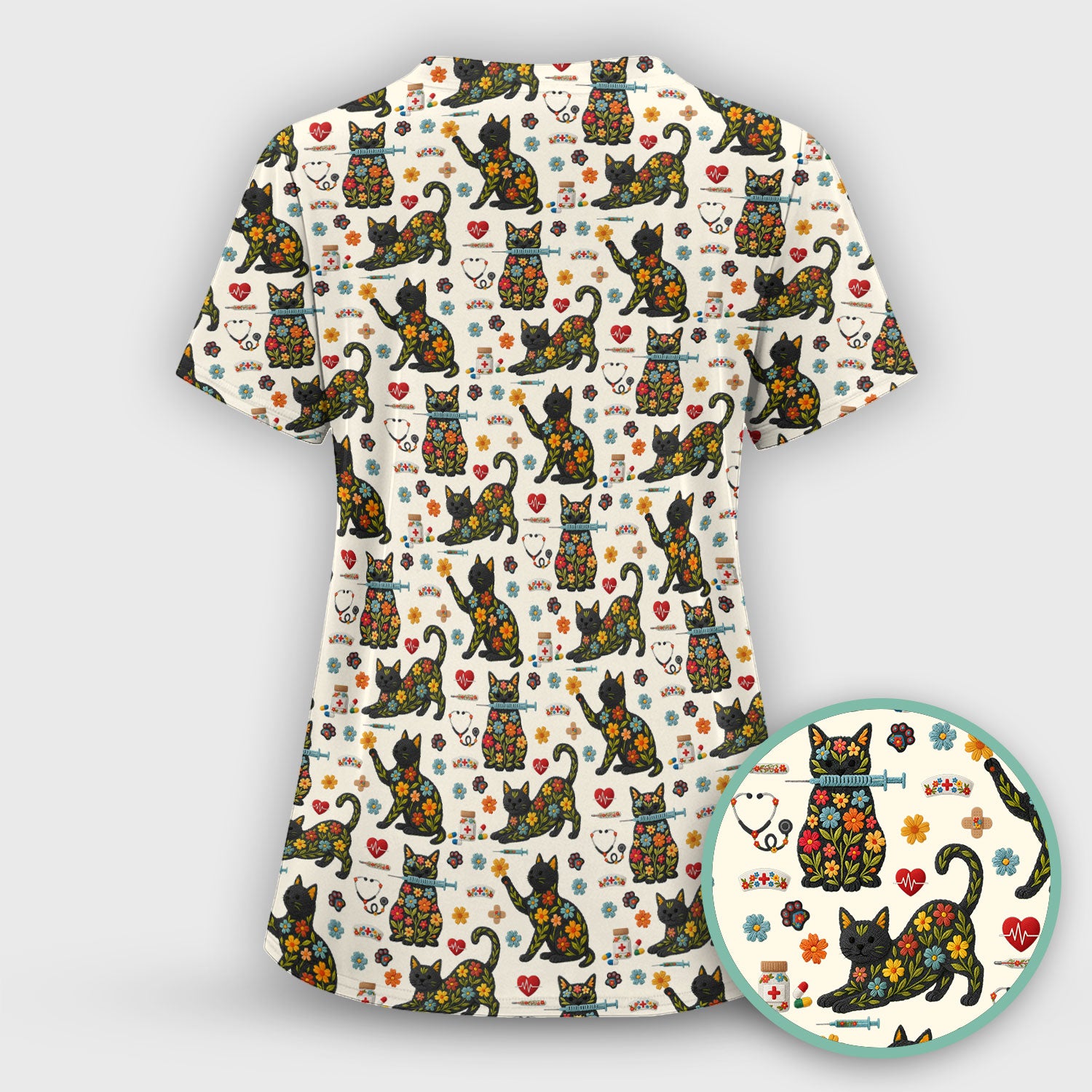 Floral Black Cat Pattern Scrub Top, Cute Cat Nurse Scrub Shirt, Medical Nursing Uniform