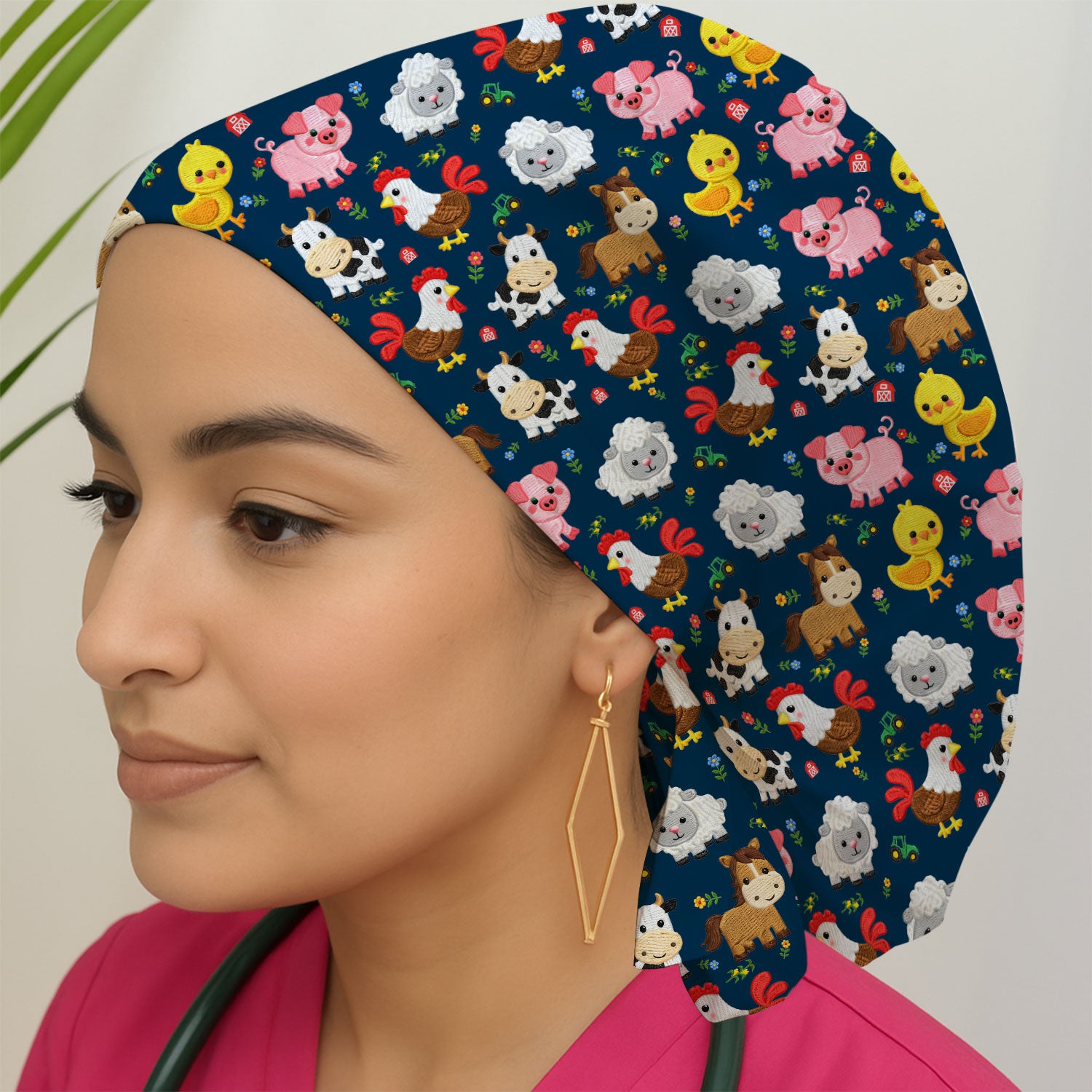 Cartoon Farm Animal Pattern Scrub Cap, Surgical Caps for Doctors