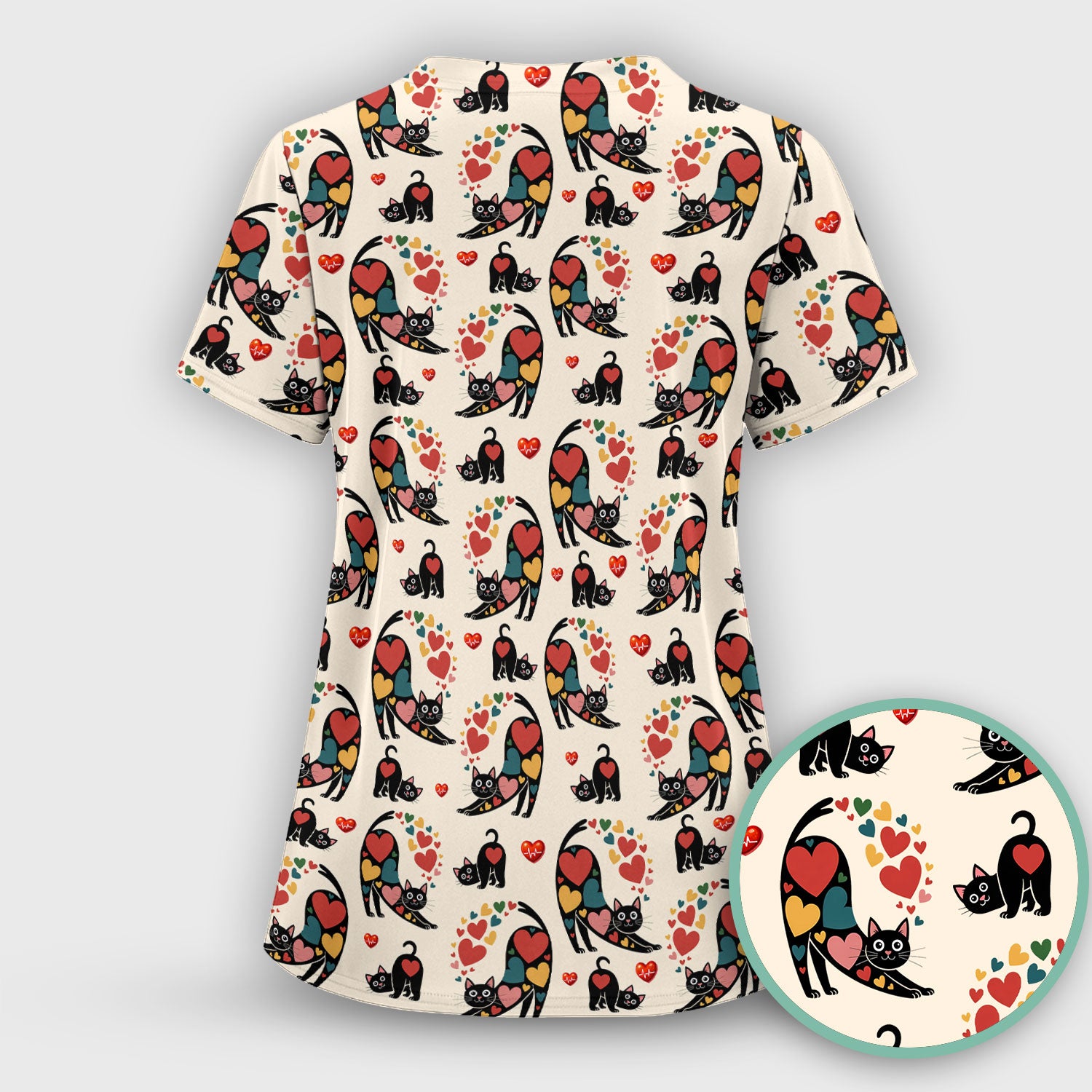 Playful Cat Valentine Heart Print Nurse Scrub Top, Comfortable Scrubs for Nurses
