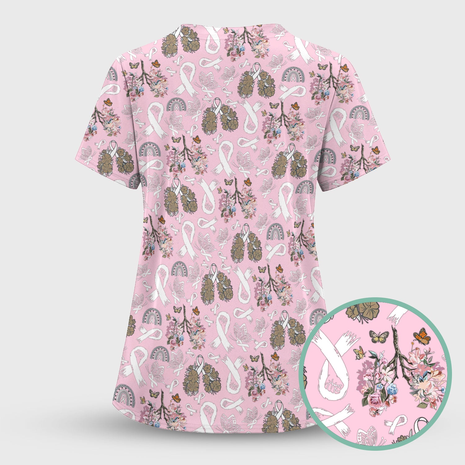 Lung Cancer Awareness Nurse Scrub Top - White Ribbon Butterfly Floral Medical Uniform - Comfortable V-Neck Nursing Shirt Gift