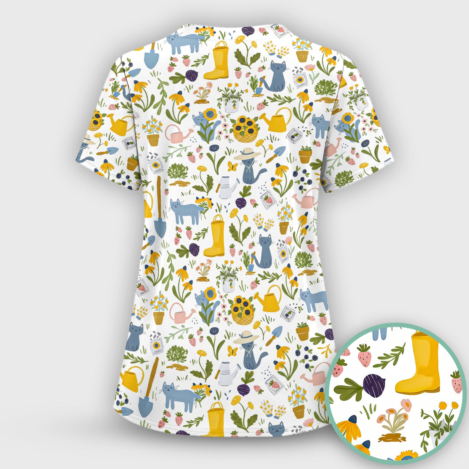 Cat Gardening Wildflower Tools Pattern Scrub Top, Comfortable Scrubs for Nurses