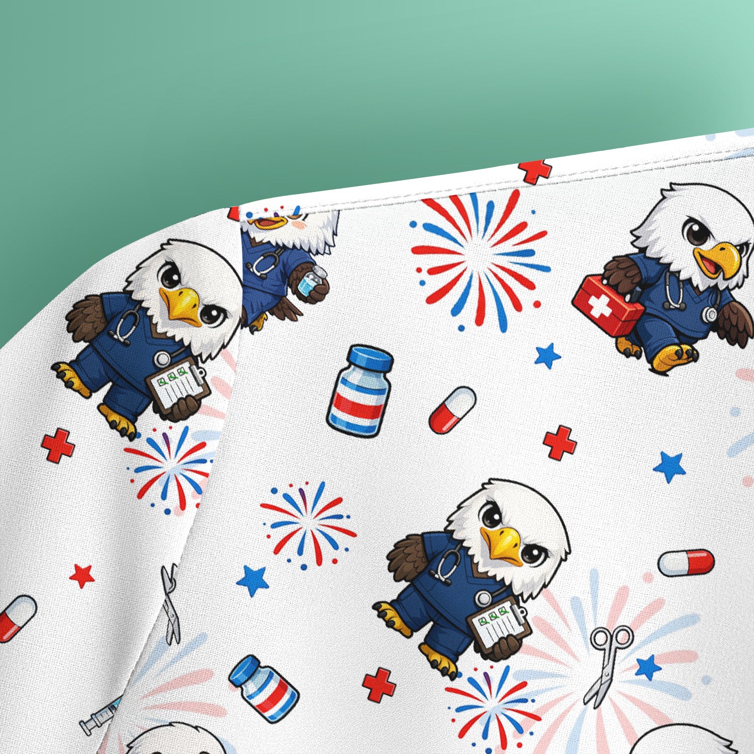 Patriotic Nurse Eagle Fireworks Medical Pattern Scrub Top, Breathable Fabrics Nursing Uniform