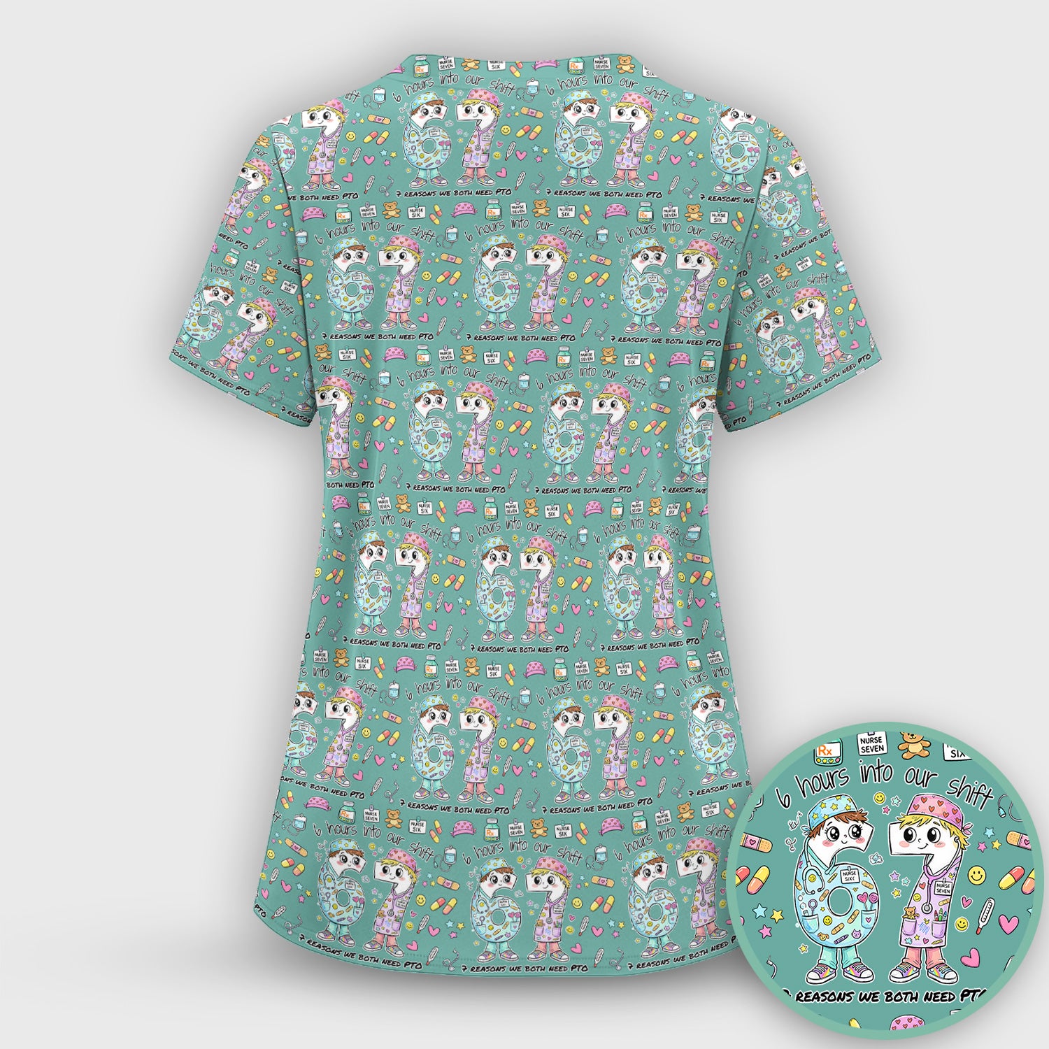 Cartoon Characters Six Hours Into Shift With Medical Doodle Scrub Set, Breathable Med Uniform