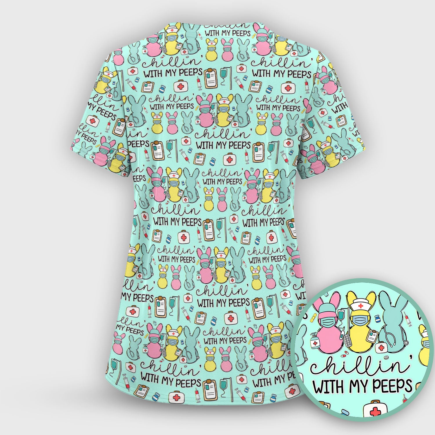 Cute Bunny Nurse Chillin With My Peeps Scrub Top, Comfortable Scrubs for Nurses, Easter