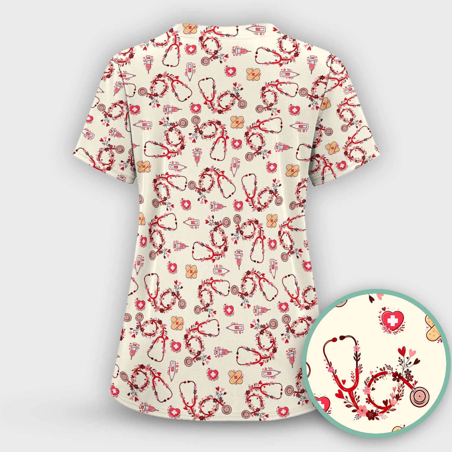 Heart Stethoscope Medical Pattern Scrub Set, Breathable Med Uniform