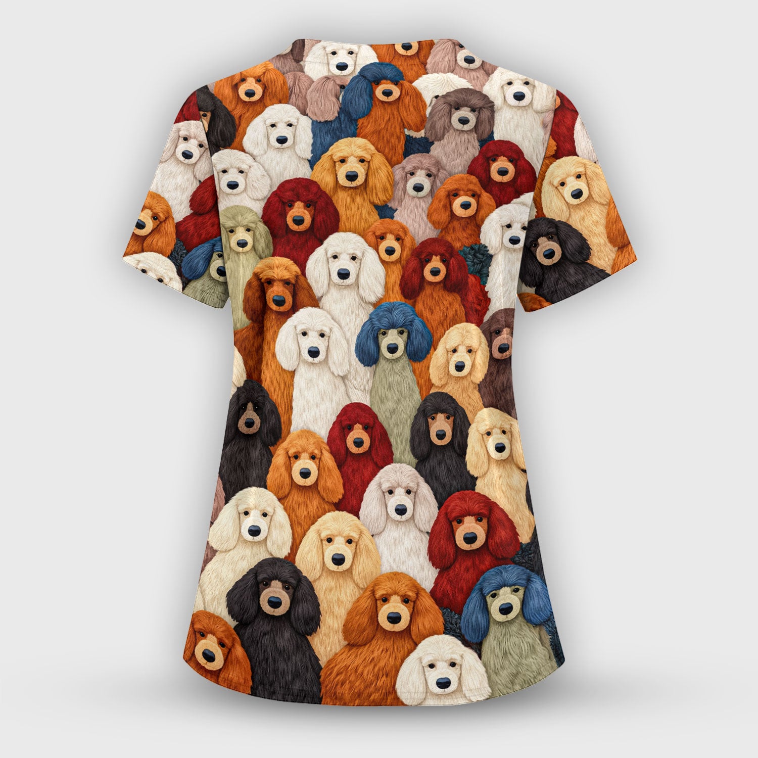 Multicolor Poodle Dog Pattern Scrub Top, Breathable Fabrics Nursing Uniform