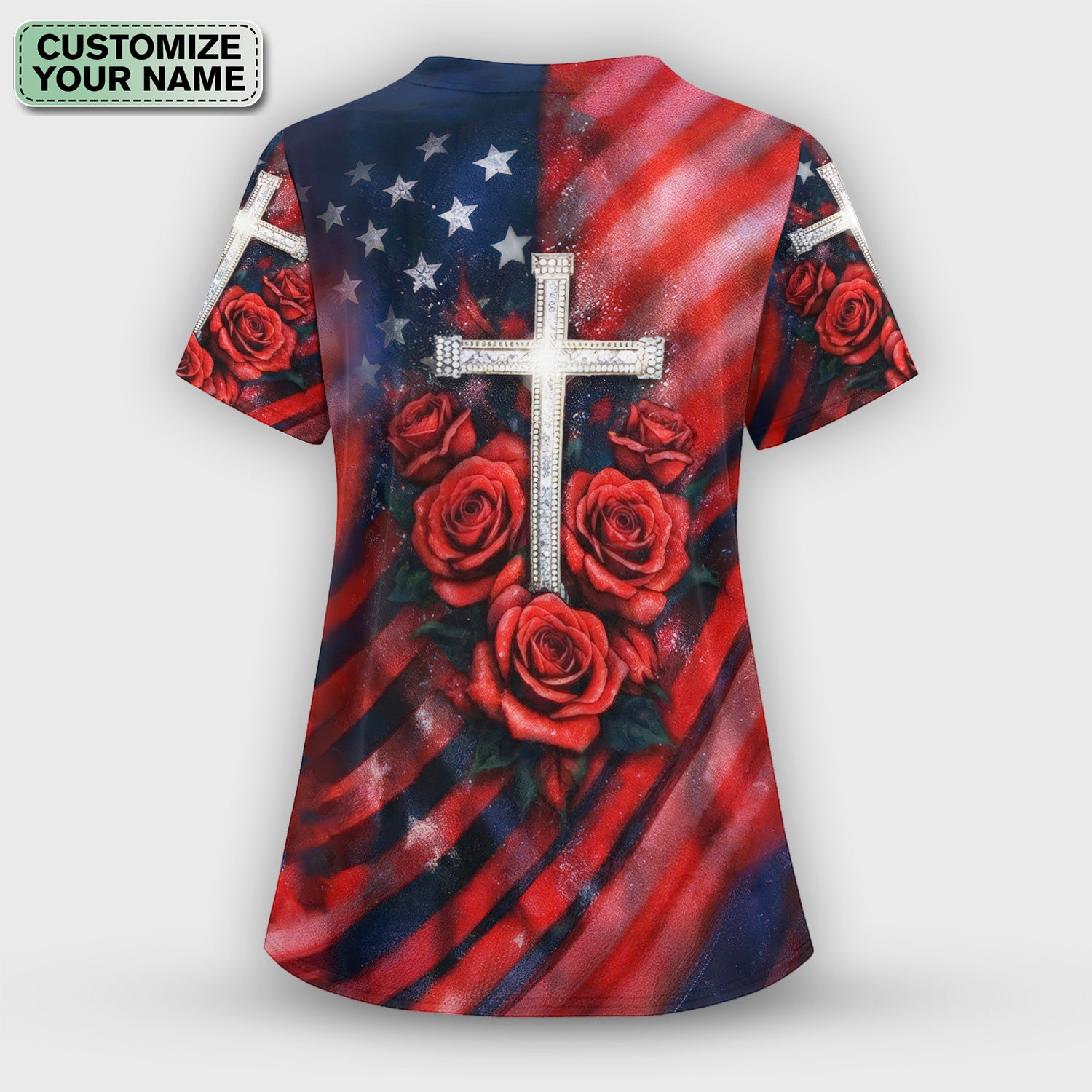 Custom Name Patriotic Cross Butterfly Rose Print Scrub Set, Scrub Pants and V Neck Top