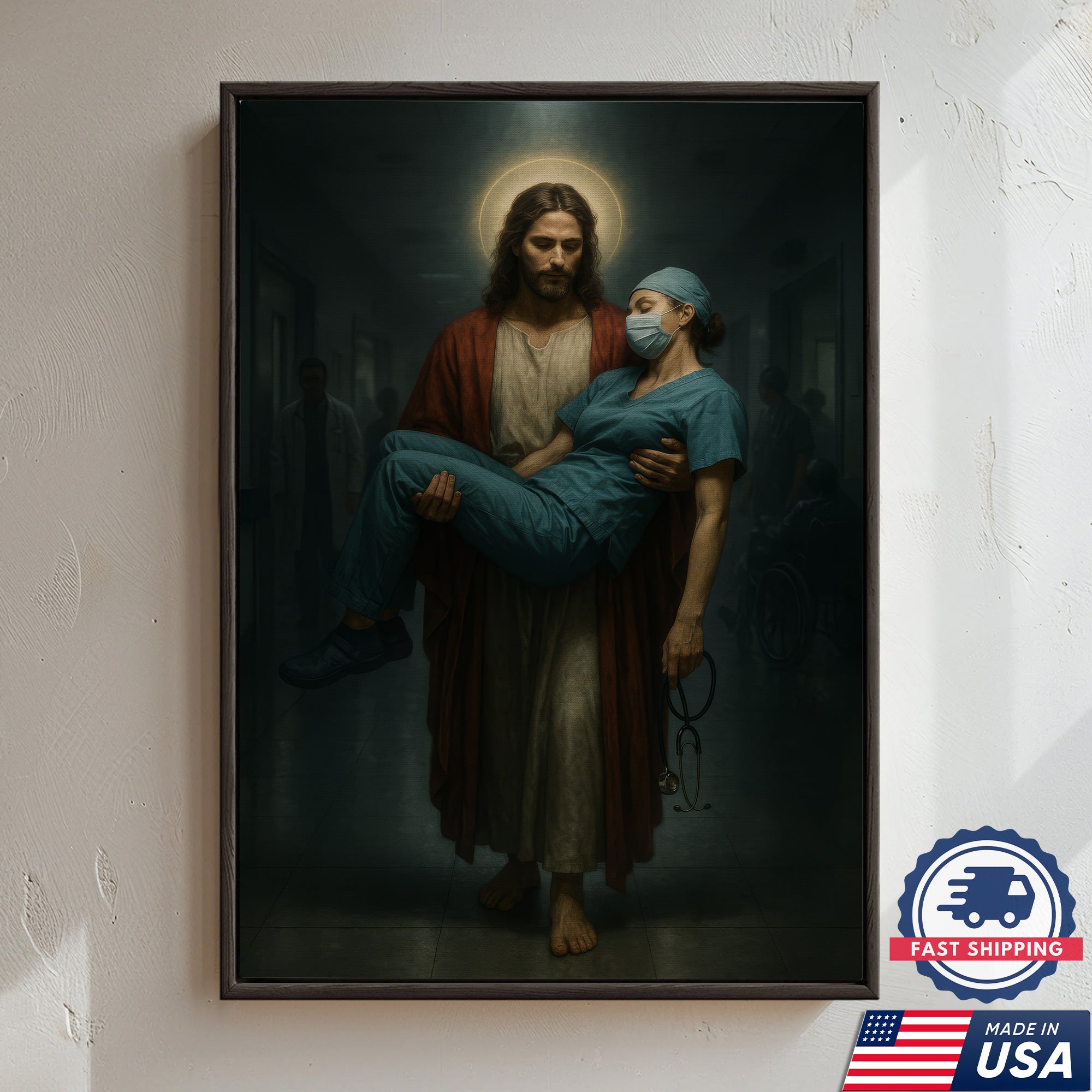 Jesus Carrying Nurse Canvas Wall Art, Christian Inspirational Gift, RN LPN CNA Gift