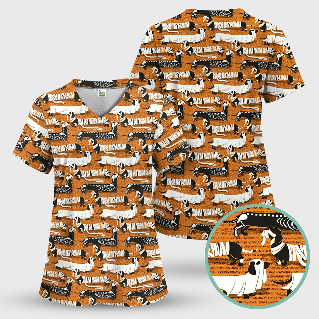 Dachshund Halloween Scrub Shirt - Multi Color Dog Print Scrub Top - Funny Skeleton Nurse Scrubs Gift for Women Men, CNA, RN