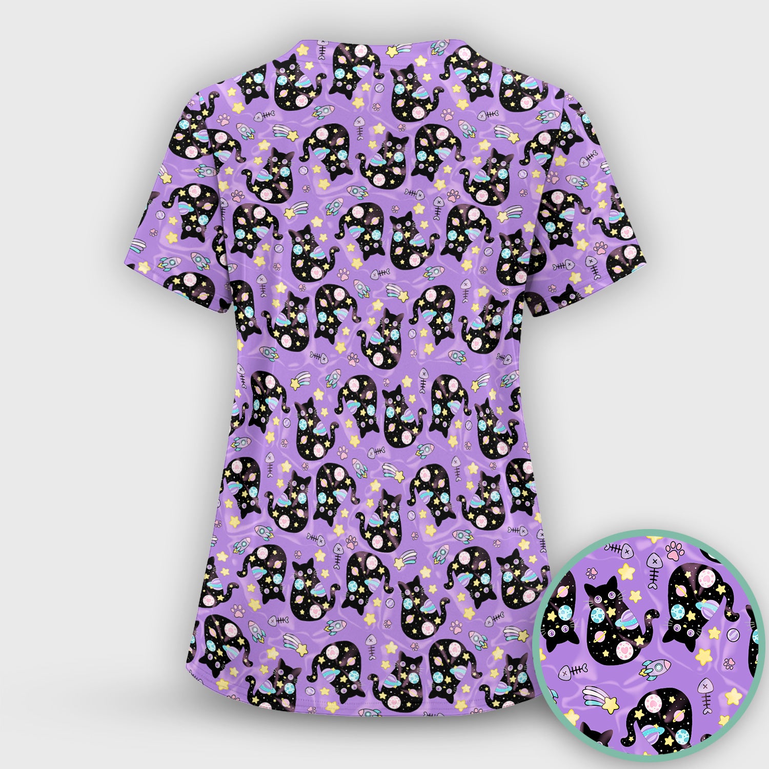Galaxy Black Cat Space Pattern Scrub Top, Breathable Fabrics Nursing Uniform