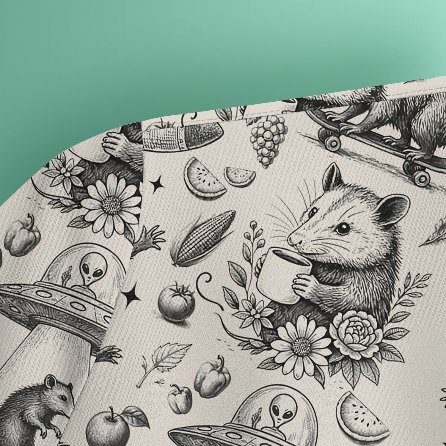 Funny Nurse Vintage Possum Raccoon High Five UFO Pattern Scrub Top, Breathable Fabrics Nursing Uniform