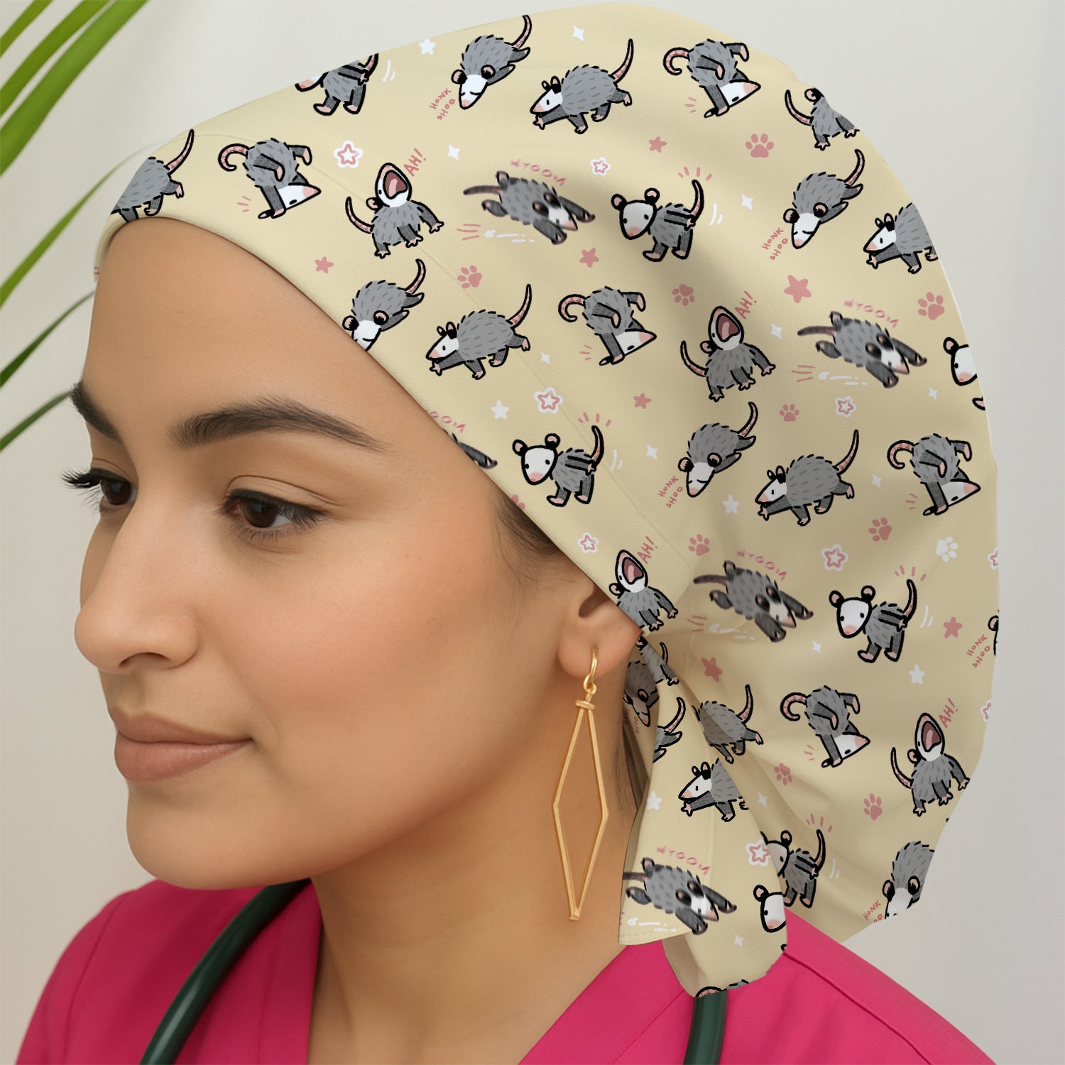 Playful Cartoon Opossum Character Pattern Cap, Bouffant Scrub Caps for Women