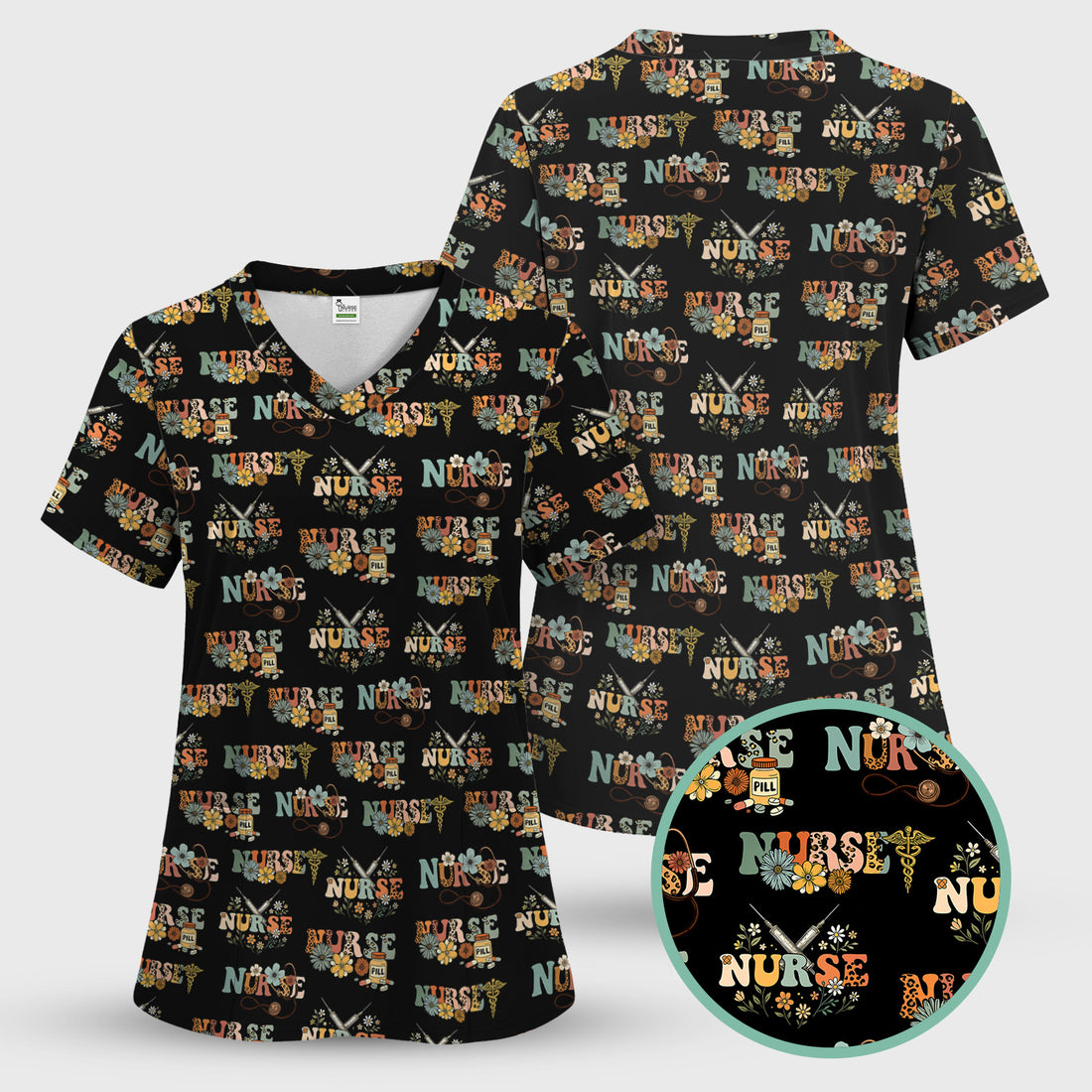 Personalized Funny Nurse Scrub Top - Medical Uniform with Flowers Stethoscope and Pills - Gift for RN LPN CNA Women