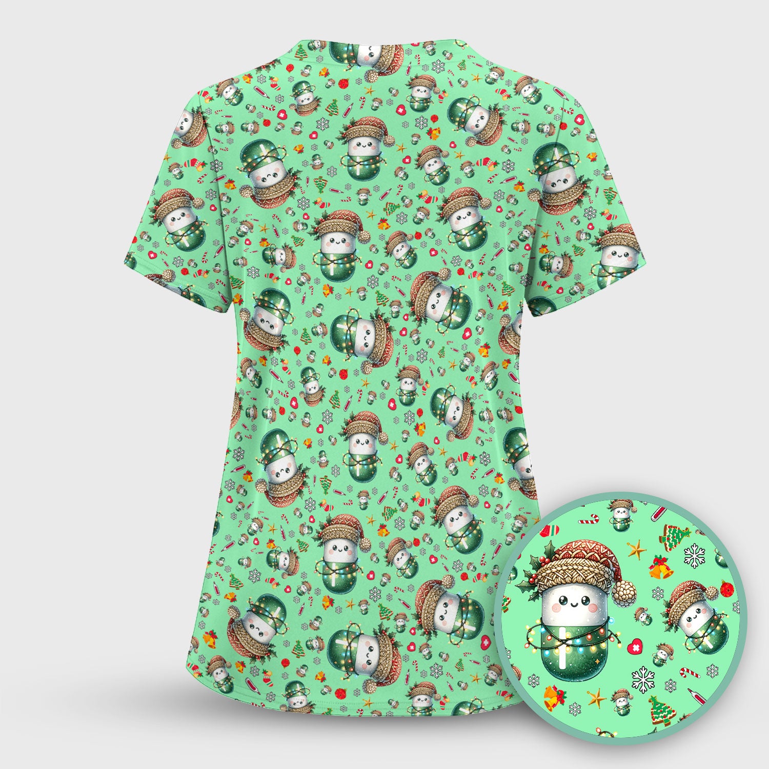 Pharmacy Tech Christmas Scrub Top – Cute Green Snowman Print Nurse Outfit – Funny Holiday Medical Uniform for Pharmacists