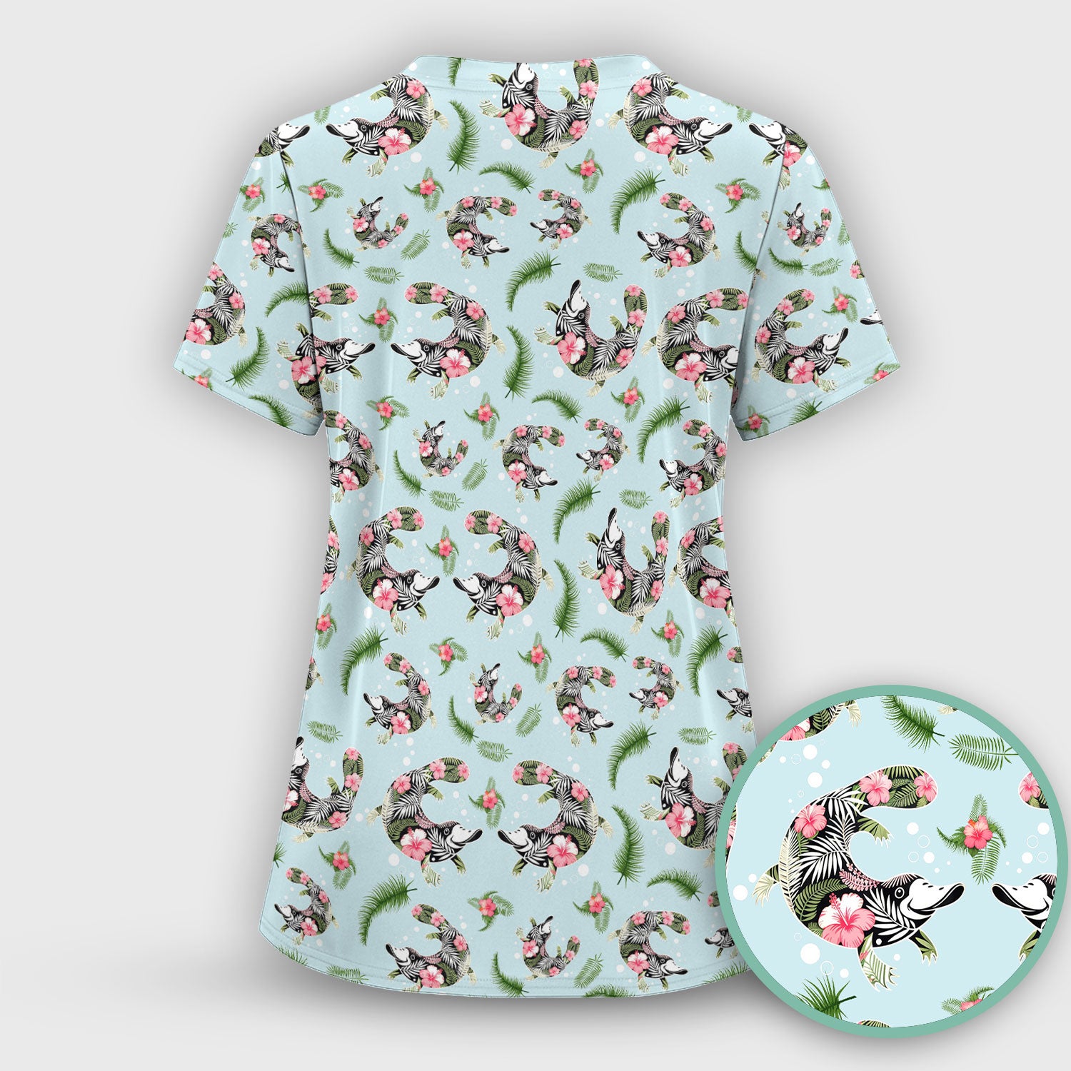 Cute Platypus Scrub Top, Tropical Floral Animal Pattern Nurse Shirt, Breathable Fabrics Nursing Uniform