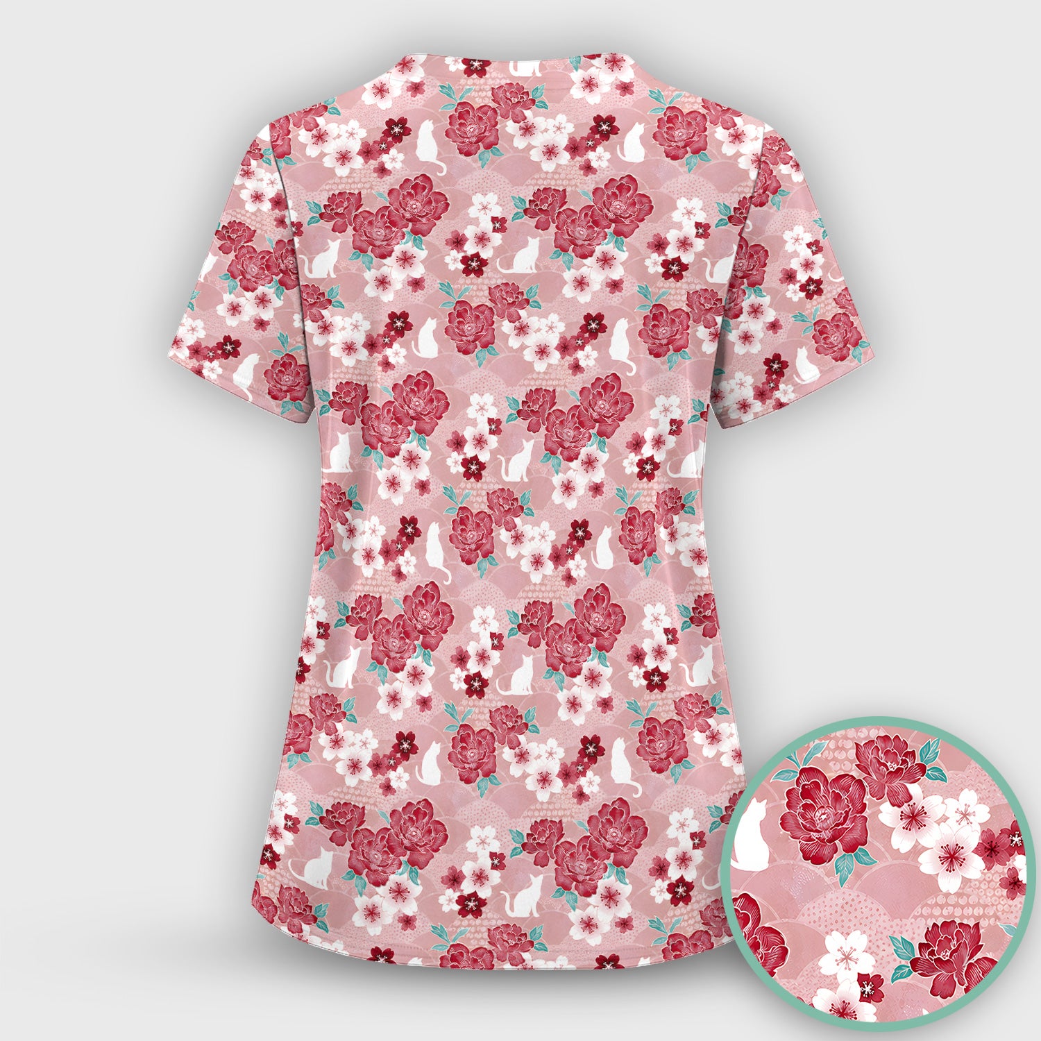 Floral White Cat Nurse Scrub Top for RN, CNA, Veterinary Staff, Cat Lover Uniform