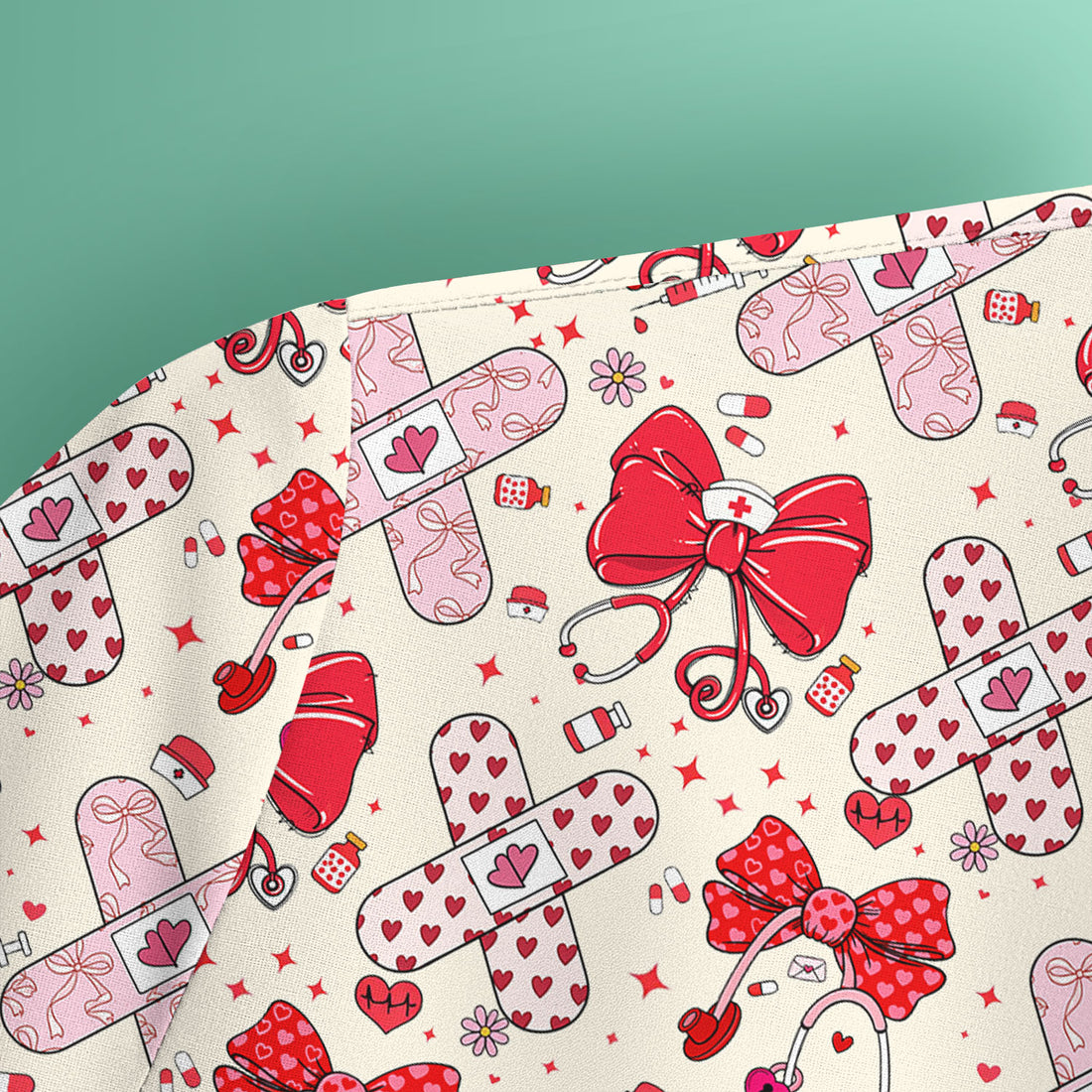 Valentine Nurse Scrub Top, Red Bow And Heart Bandage Pattern Medical Shirt, Breathable Fabrics Nursing Uniform