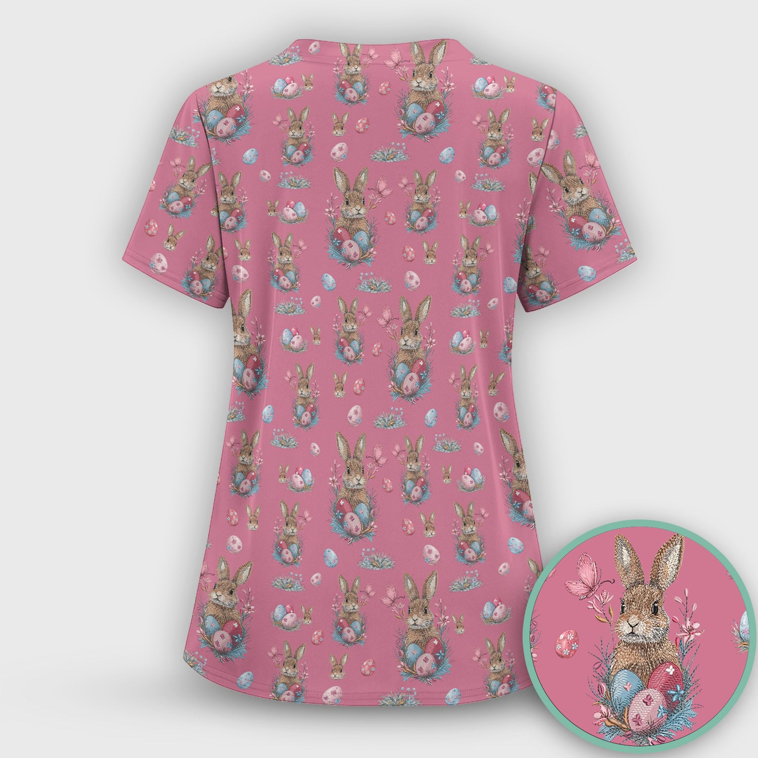 Pastel Easter Bunny Nest Pattern Scrub Top, Comfortable Scrubs for Nurses