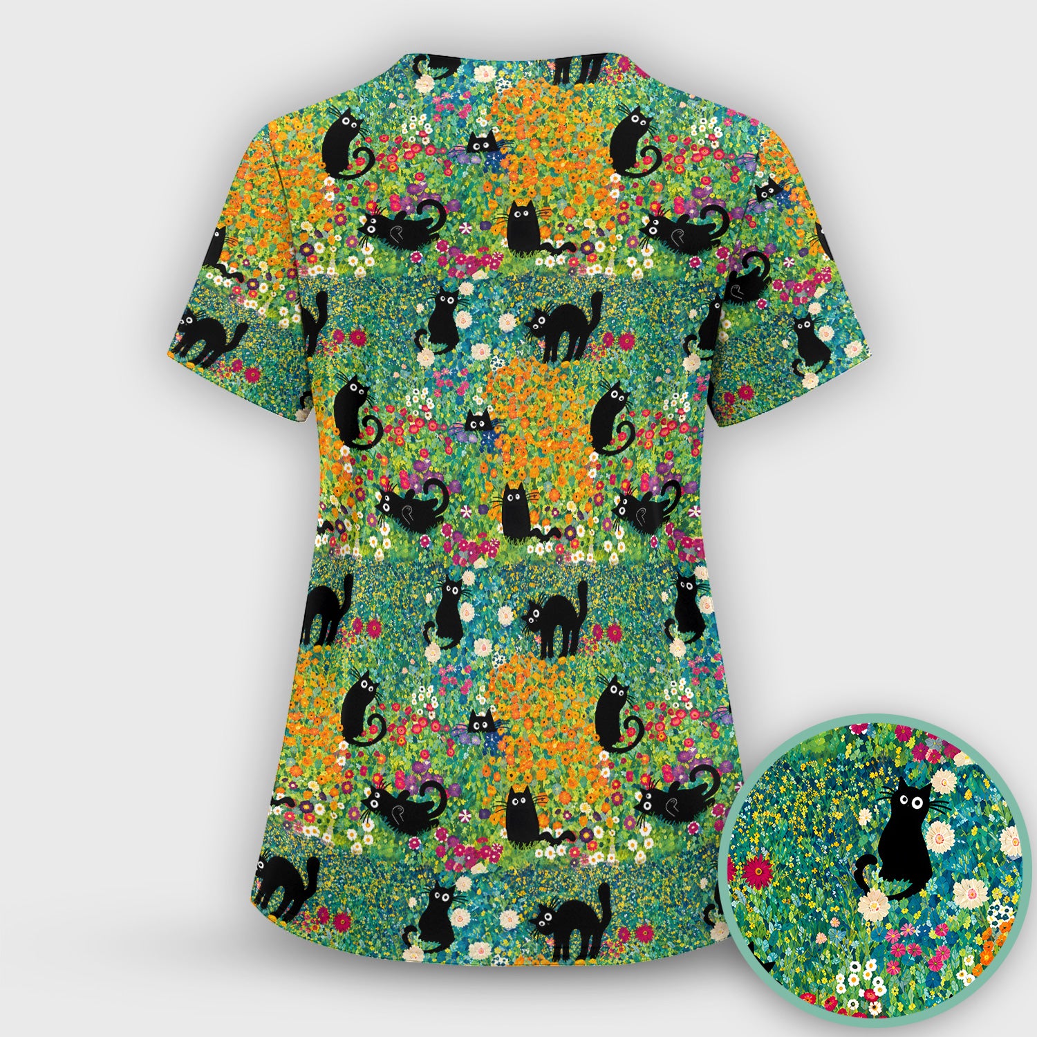 Black Cat Flower Garden Pattern Scrub Set, Scrub Pants and V Neck Top