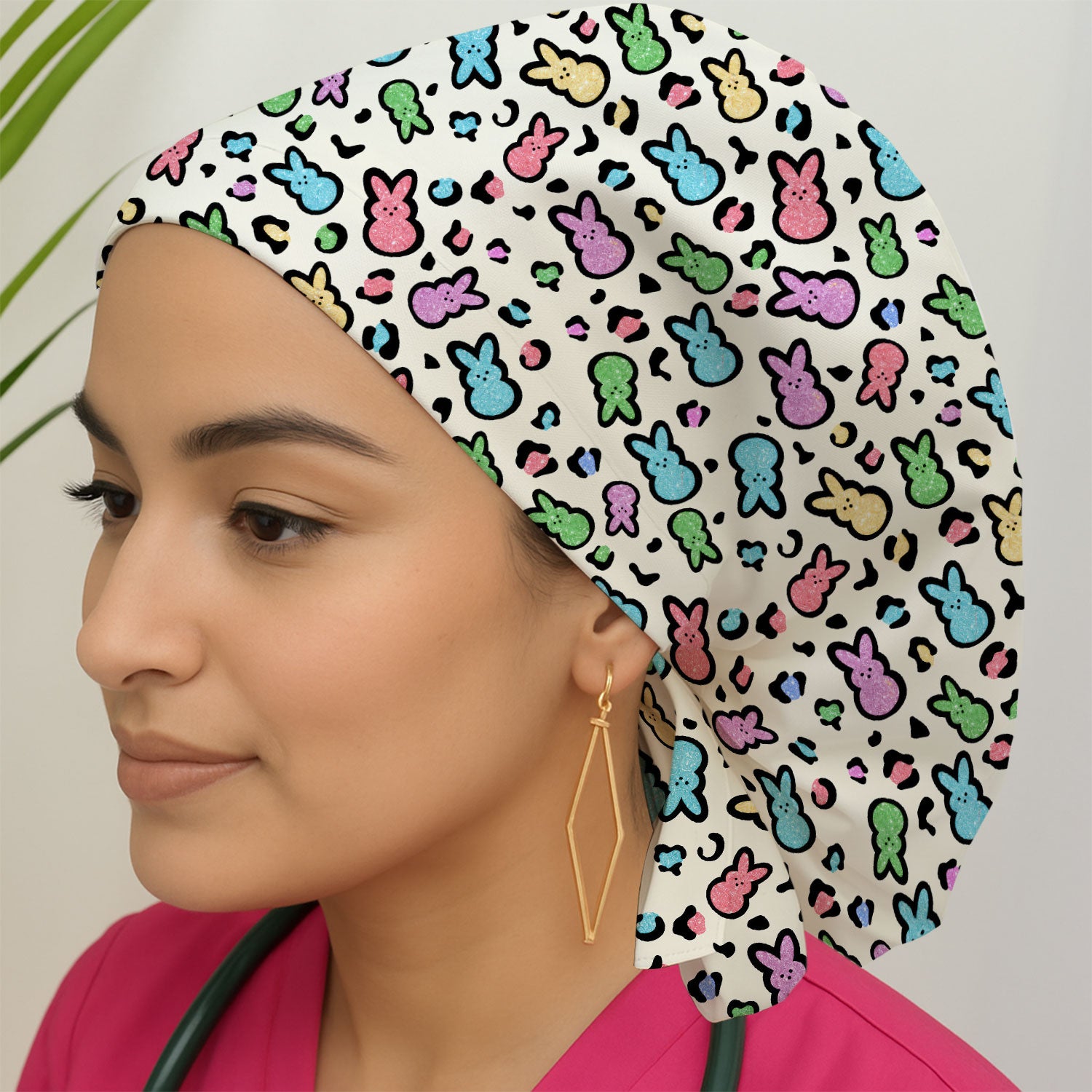 Cute Easter Bunny Pastel Pattern Print Cap, Bouffant Scrub Caps for Women
