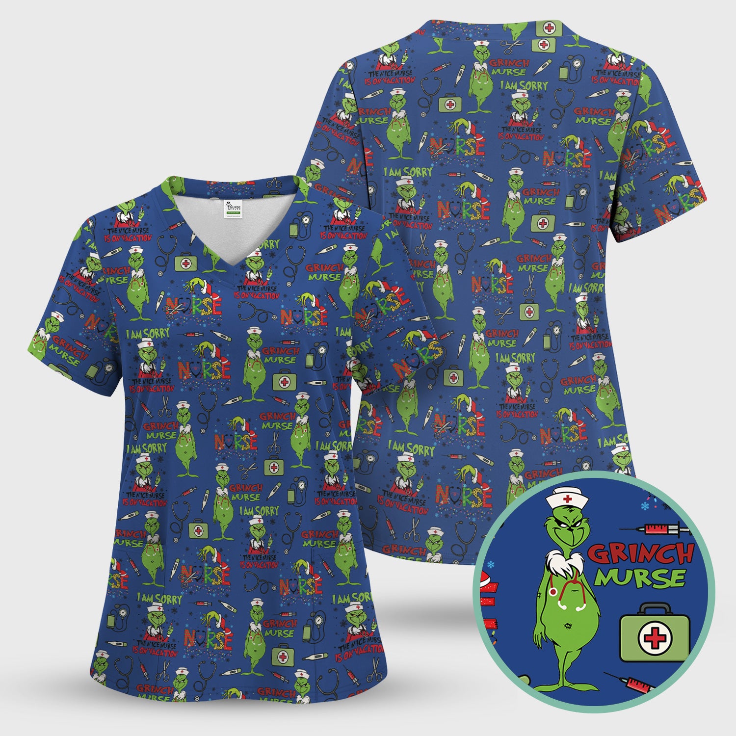 Grinch Nurse Scrub Top - Christmas Medical Uniform - Holiday Healthcare RN LPN CNA Gift