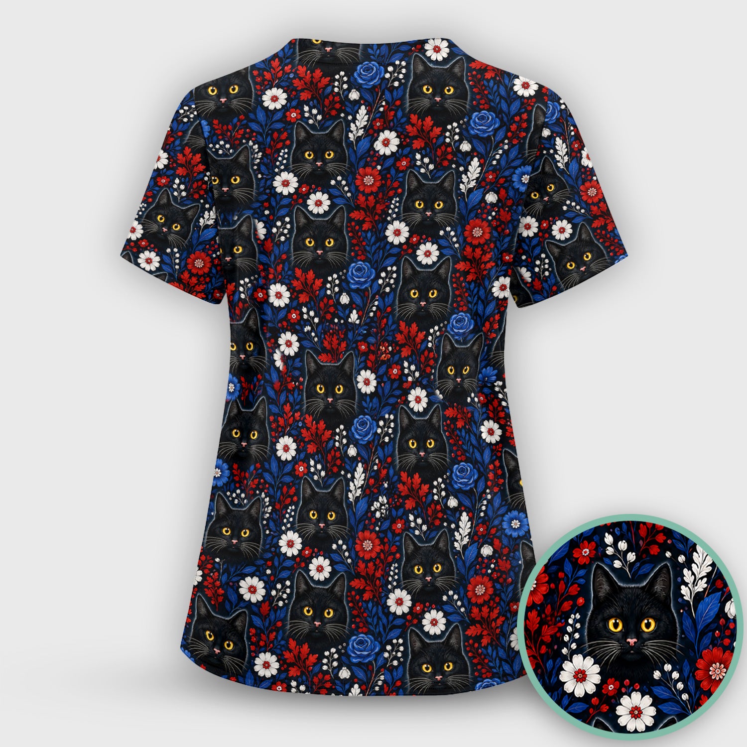 Black Cat Floral Nurse Pattern Scrub Set, Scrub Pants and V Neck Top