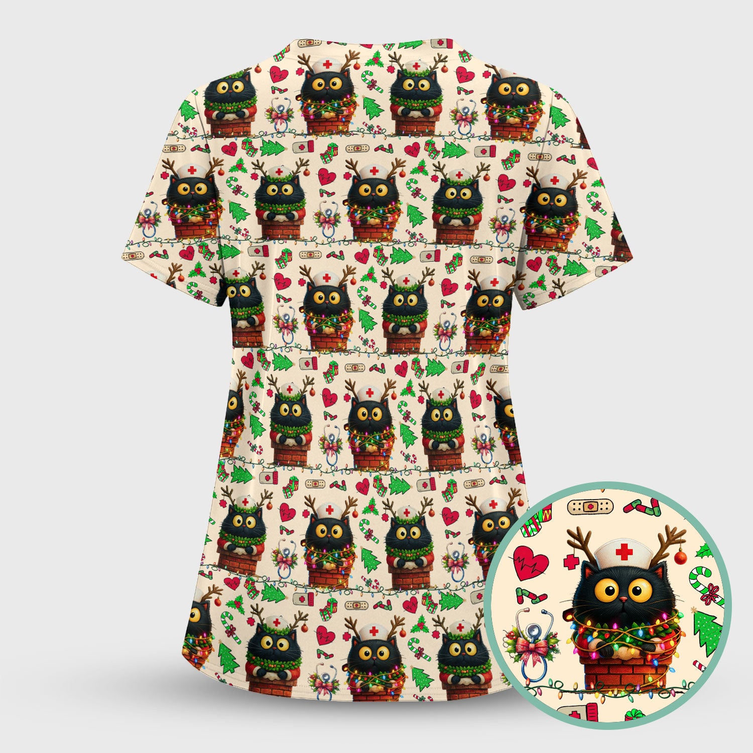 Funny Black Cat Scrub Top for Nurse - Cute Reindeer Cat with Christmas Lights Shirt - Festive Holiday Medical Gift for RN CNA LPN