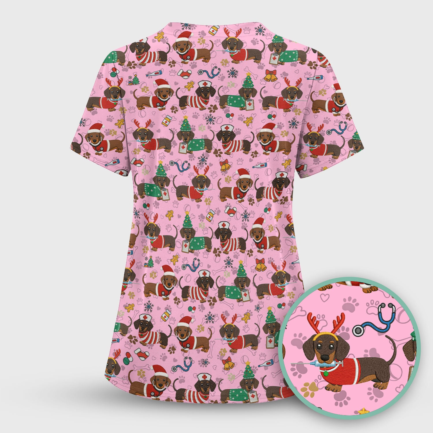 Christmas Dachshund Scrub Top for Nurses - Cute Wiener Dog Pattern Medical Shirt - Festive Holiday Scrubs Gift for Women RN CNA LPN