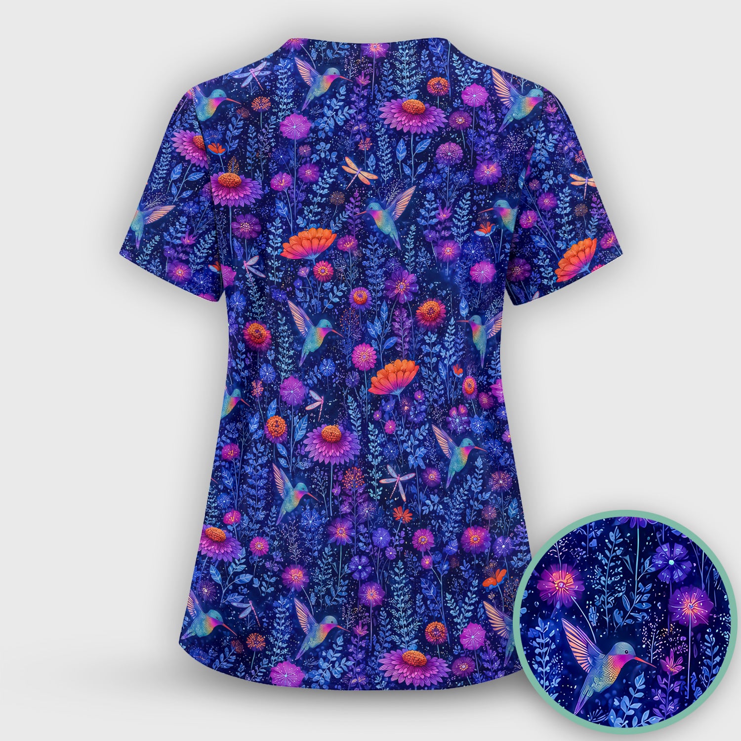 Enchanted Hummingbird Wildflower Garden Pattern Scrub Top, Comfortable Scrubs for Nurses