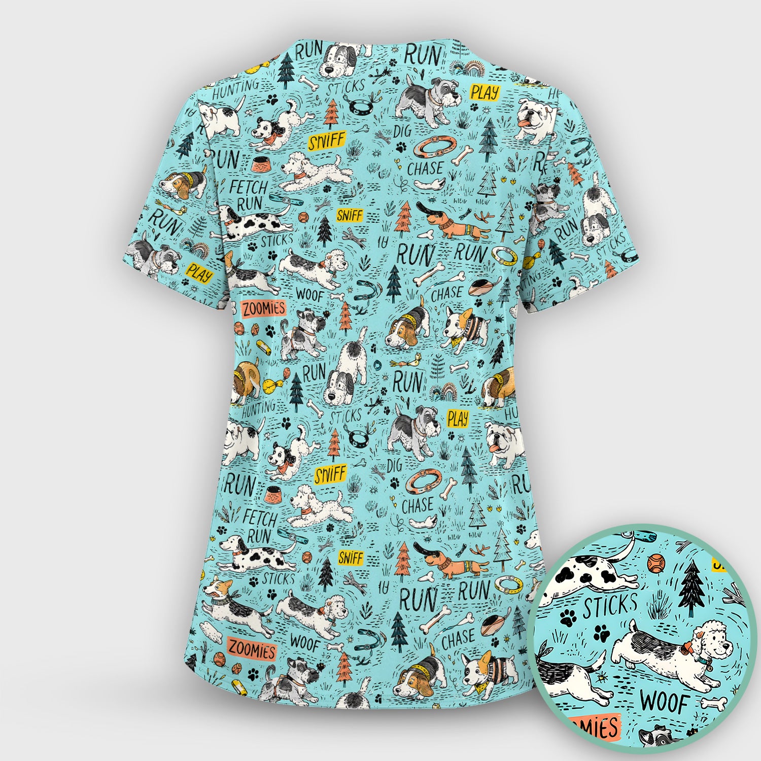Playful Cartoon Puppy Adventure Pattern Scrub Top, Comfortable Scrubs for Nurses