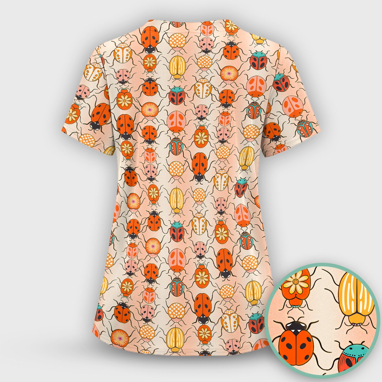 Cute Ladybug Beetle Floral Pattern Scrub Top, Breathable Fabrics Nursing Uniform