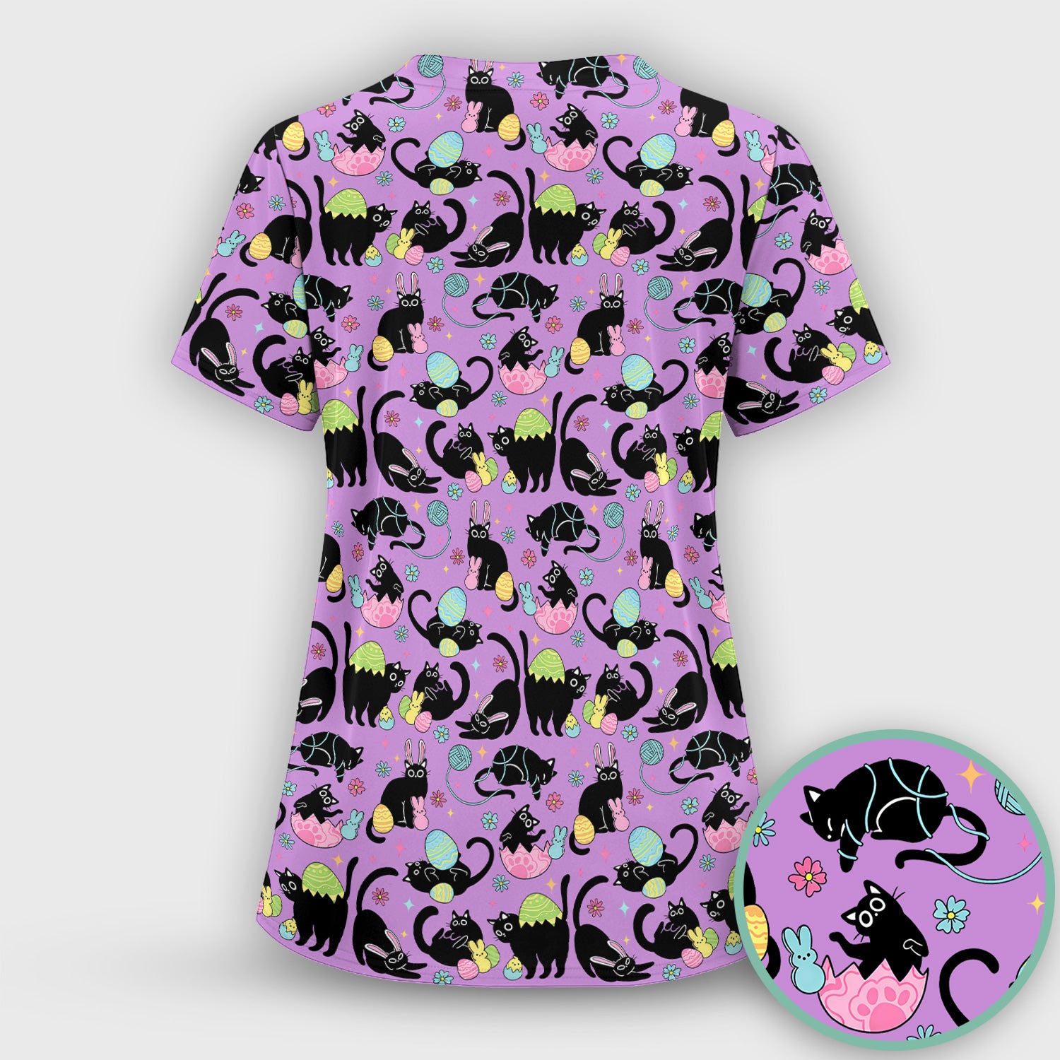 Funny Easter Black Cat Egg Pattern Scrub Top, Breathable Fabrics Nursing Uniform