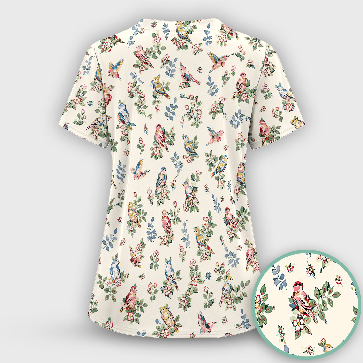 Cute Vintage Birds Blossom Pattern Scrub Top, Comfortable Scrubs for Nurses