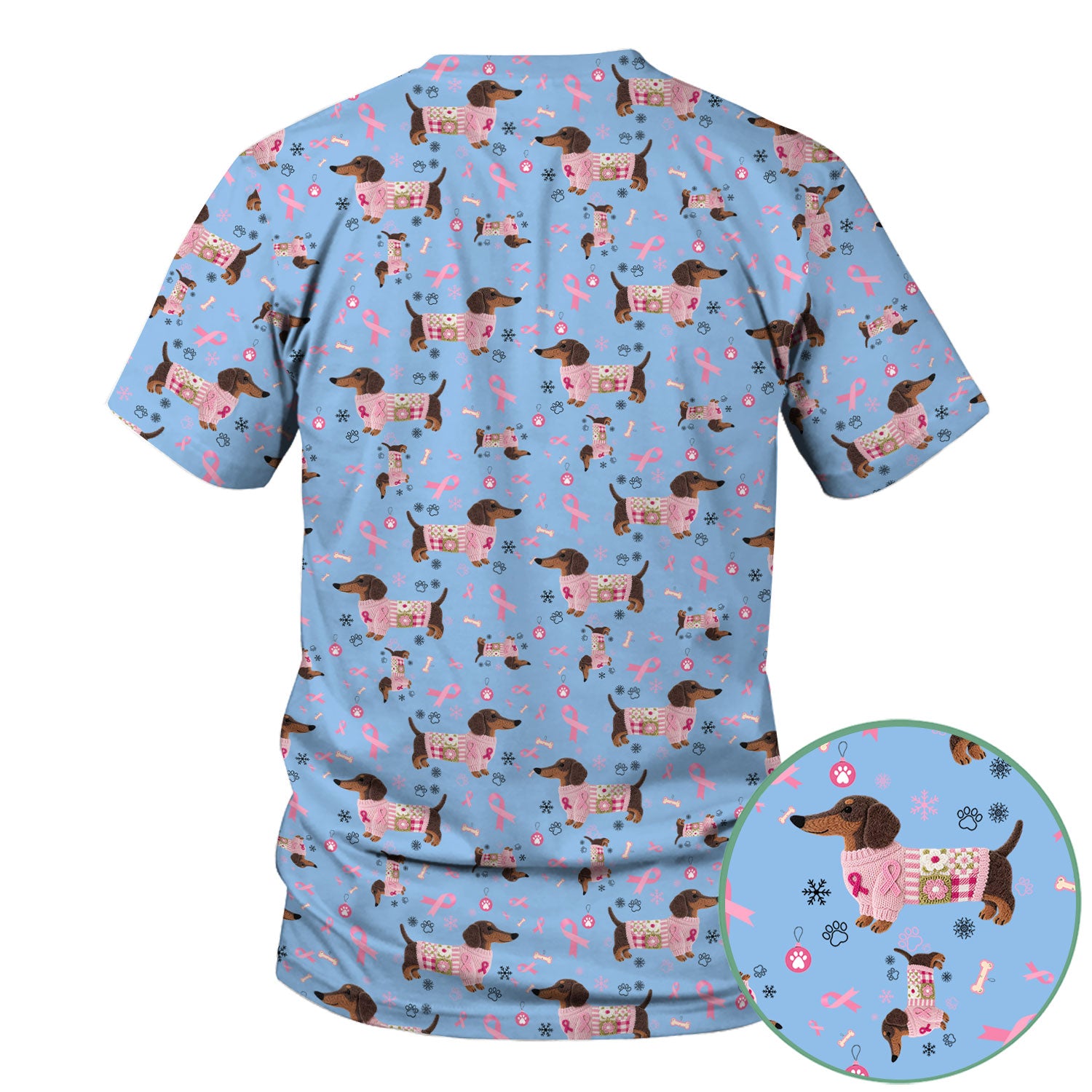 Pink Dachshund Breast Cancer Awareness Scrub Top - Puppy Dog Ribbon Nurse Shirt - Wiener Support Fight Cancer Medical Uniform Gift